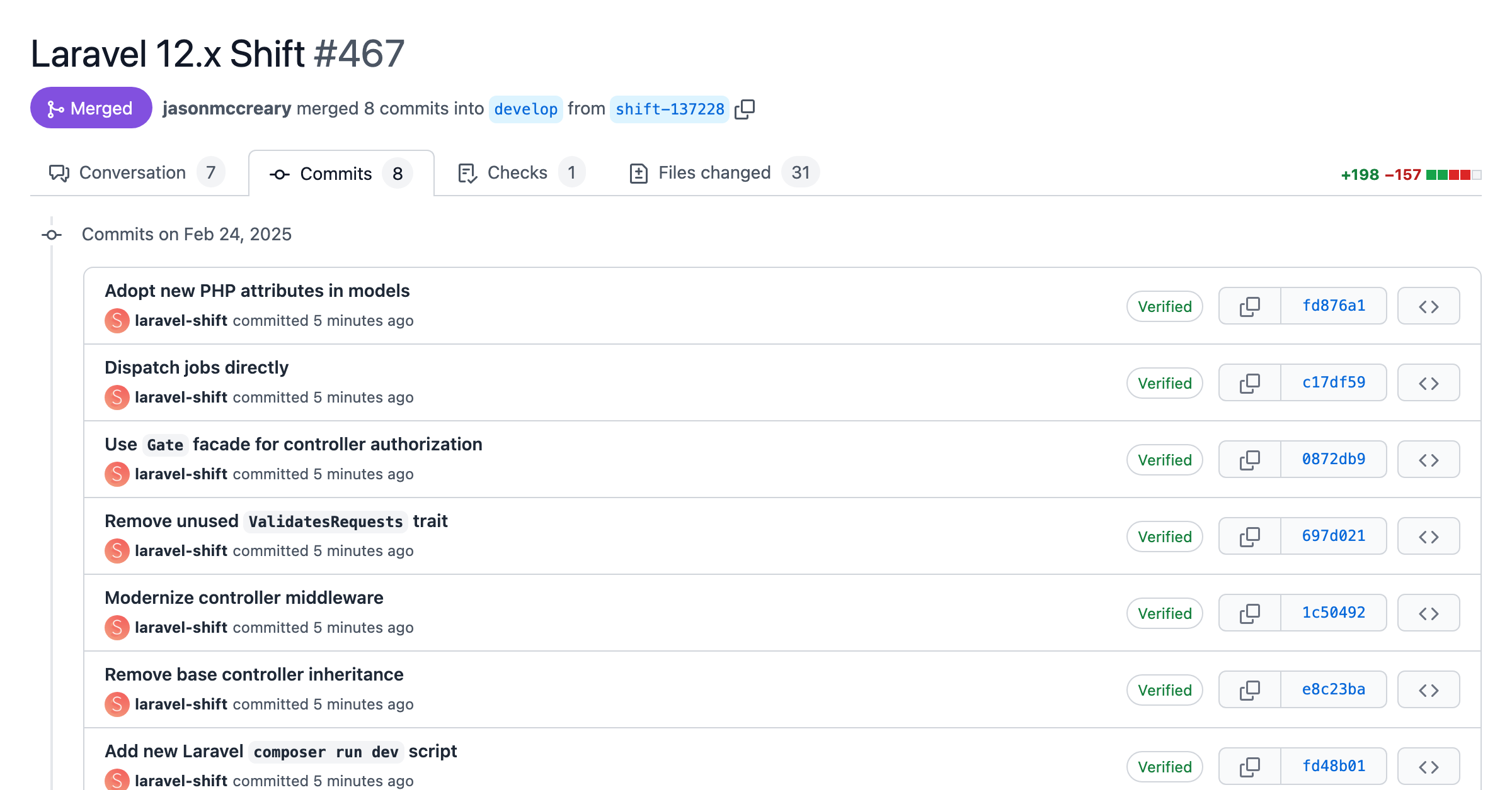 Screenshot of a pull request with automated changes from the Laravel 12.x Shift