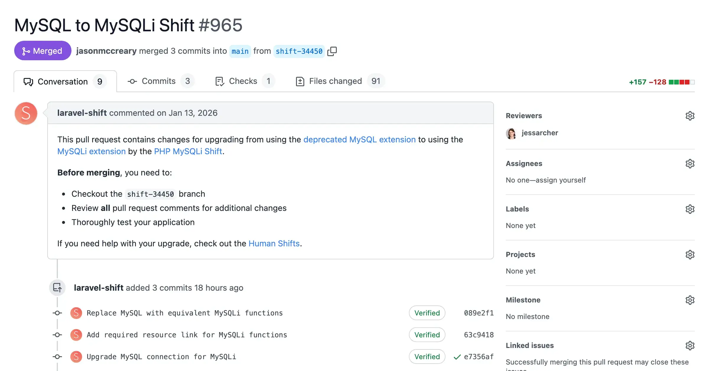 Screenshot of a pull request with automated changes from the MySQL to MySQLi Shift