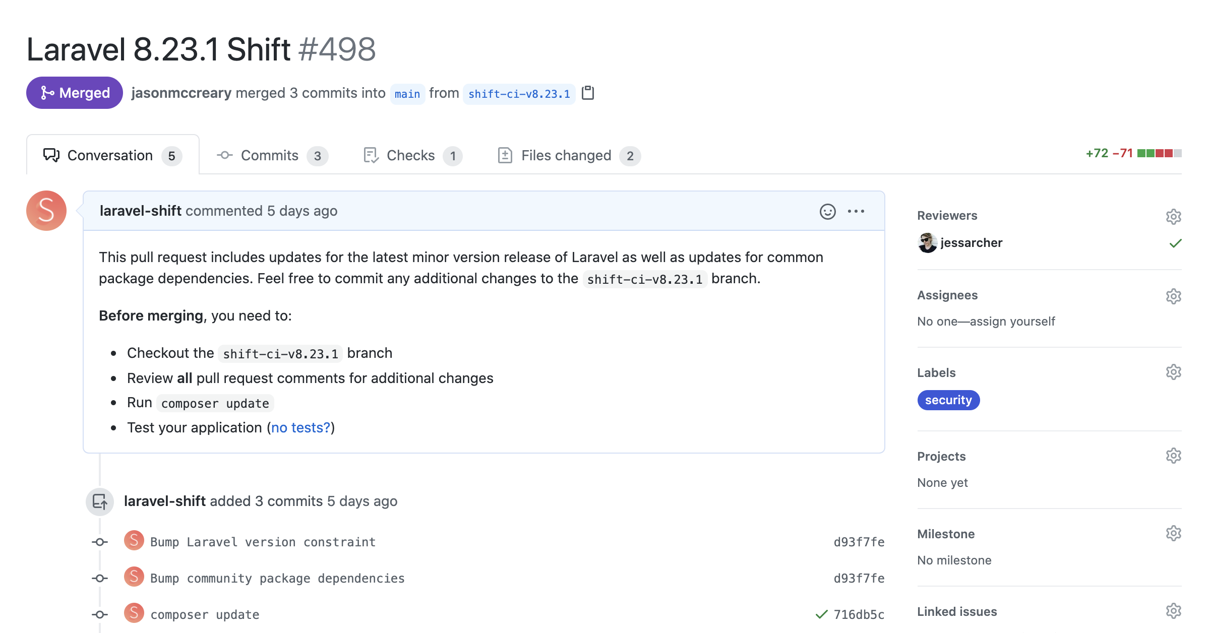 Screenshot of an automated pull request for the Laravel 8.23.1 security release