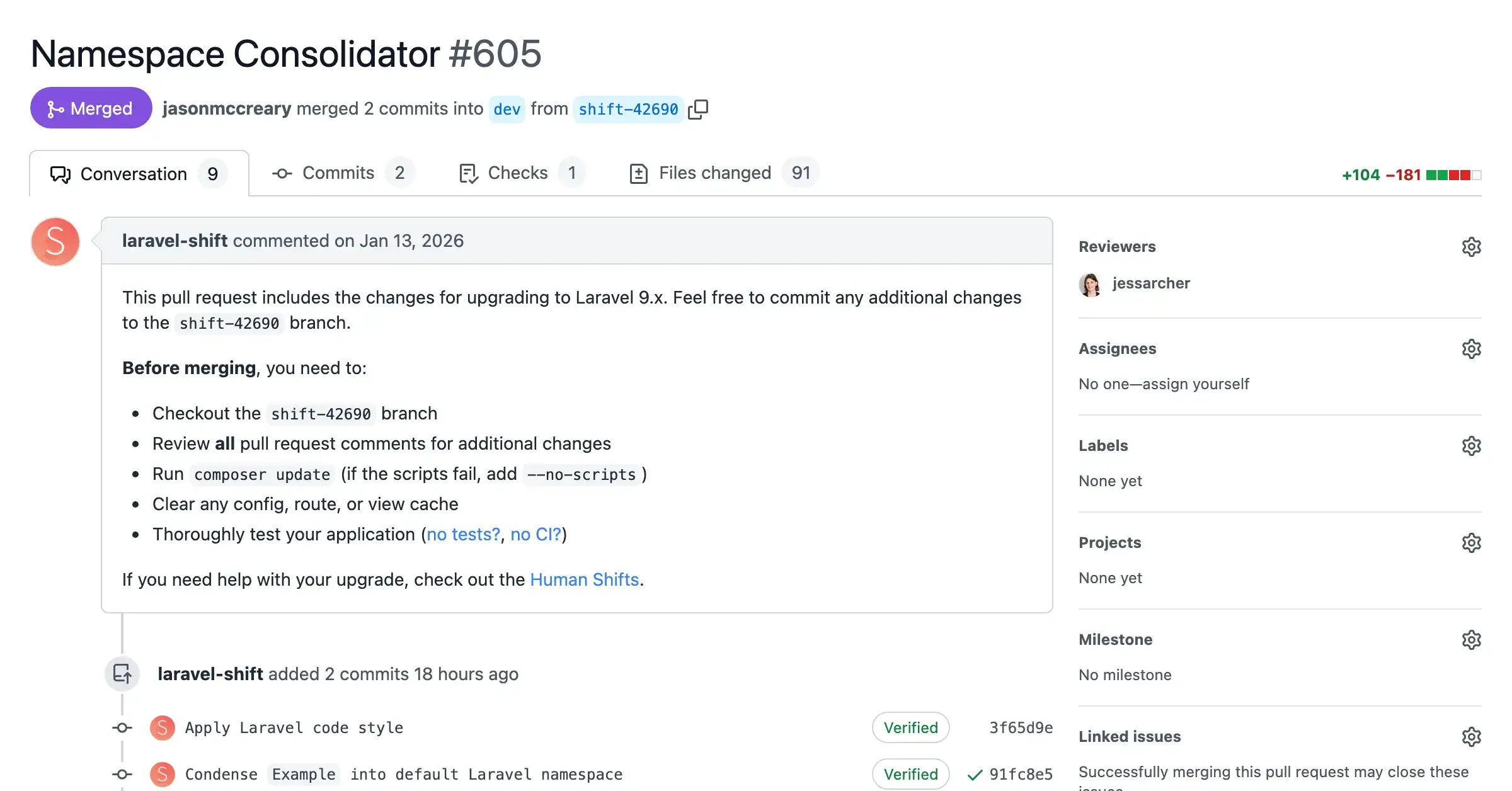 Screenshot of a pull request with automated changes from the Consolidate Namespaces Shift