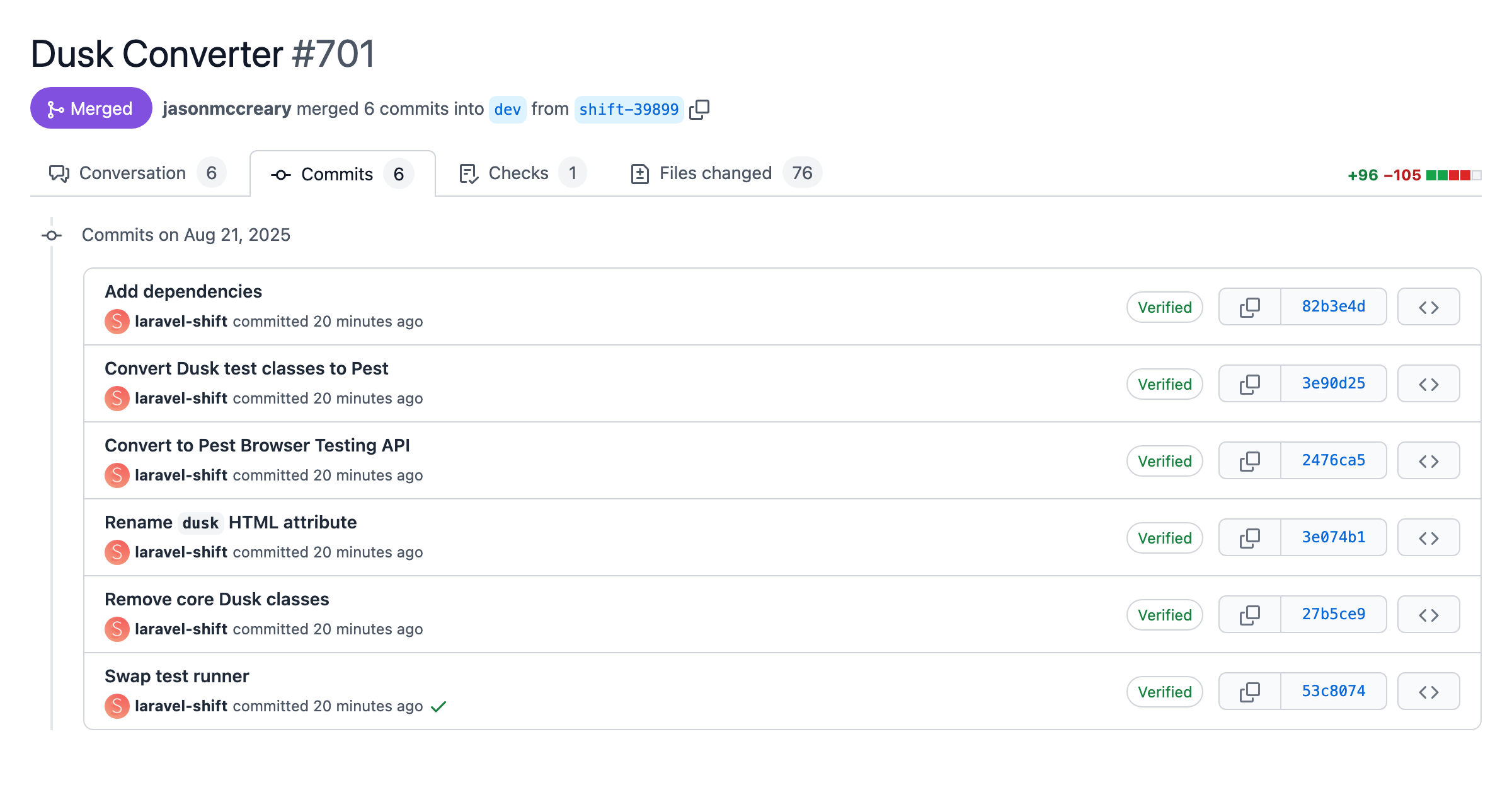 Screenshot of a pull request with automated changes from the Dusk Converter