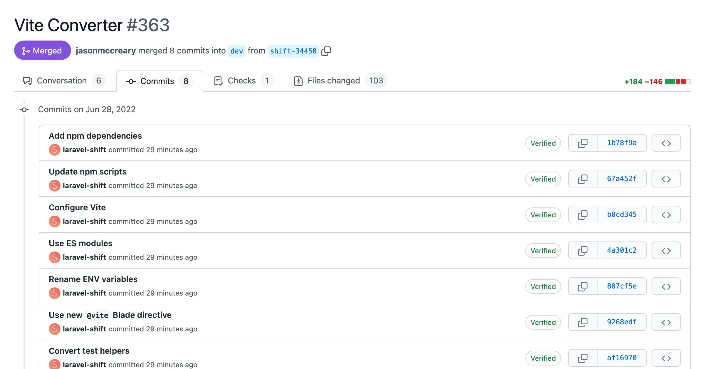 Screenshot of a pull request with automated changes from the Vite Converter