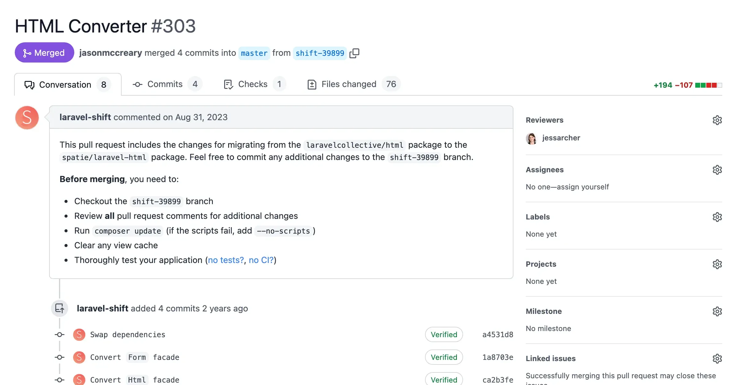 Screenshot of a pull request with automated changes from the HTML Converter