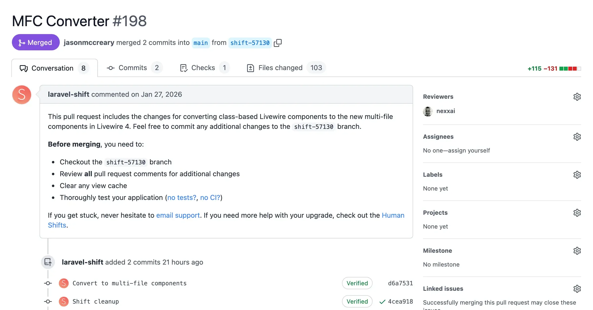 Screenshot of a pull request with automated changes from the MFC Converter