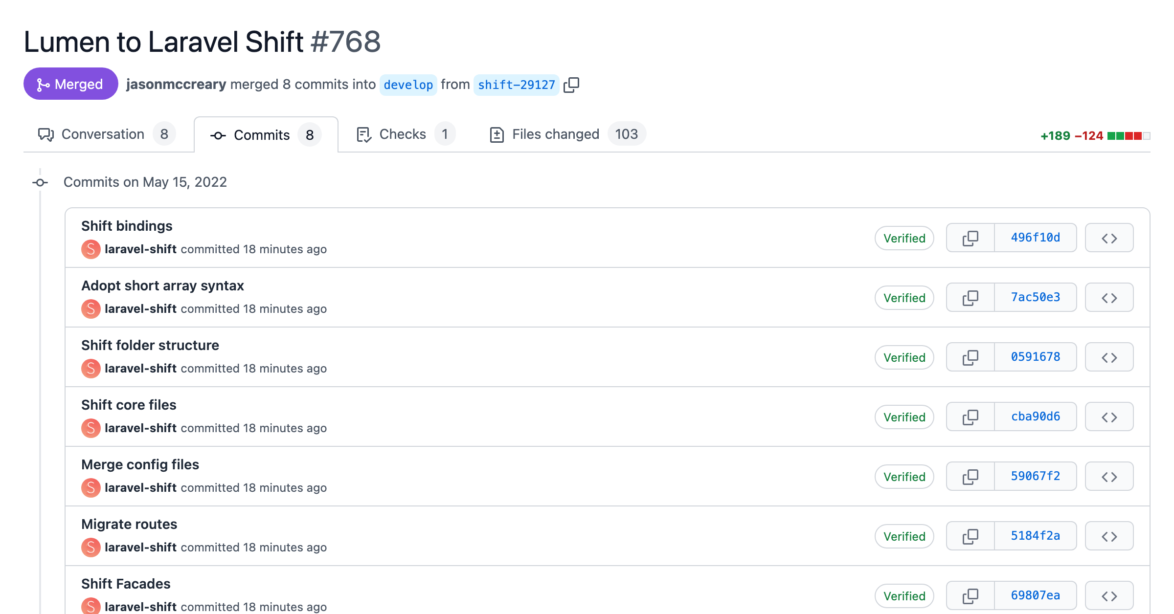 Screenshot of a pull request with automated changes from the Lumen to Laravel Converter