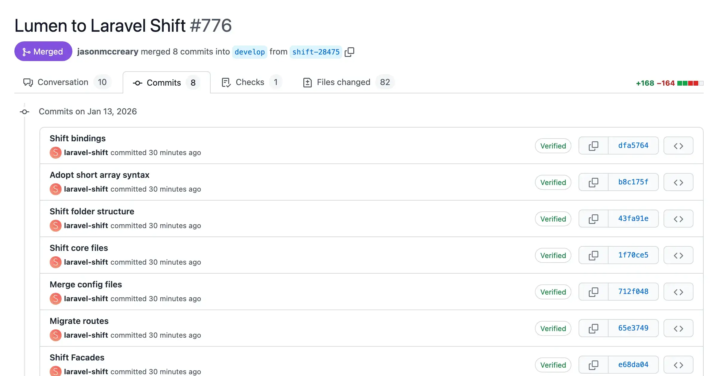 Screenshot of a pull request with automated changes from the Lumen to Laravel Converter