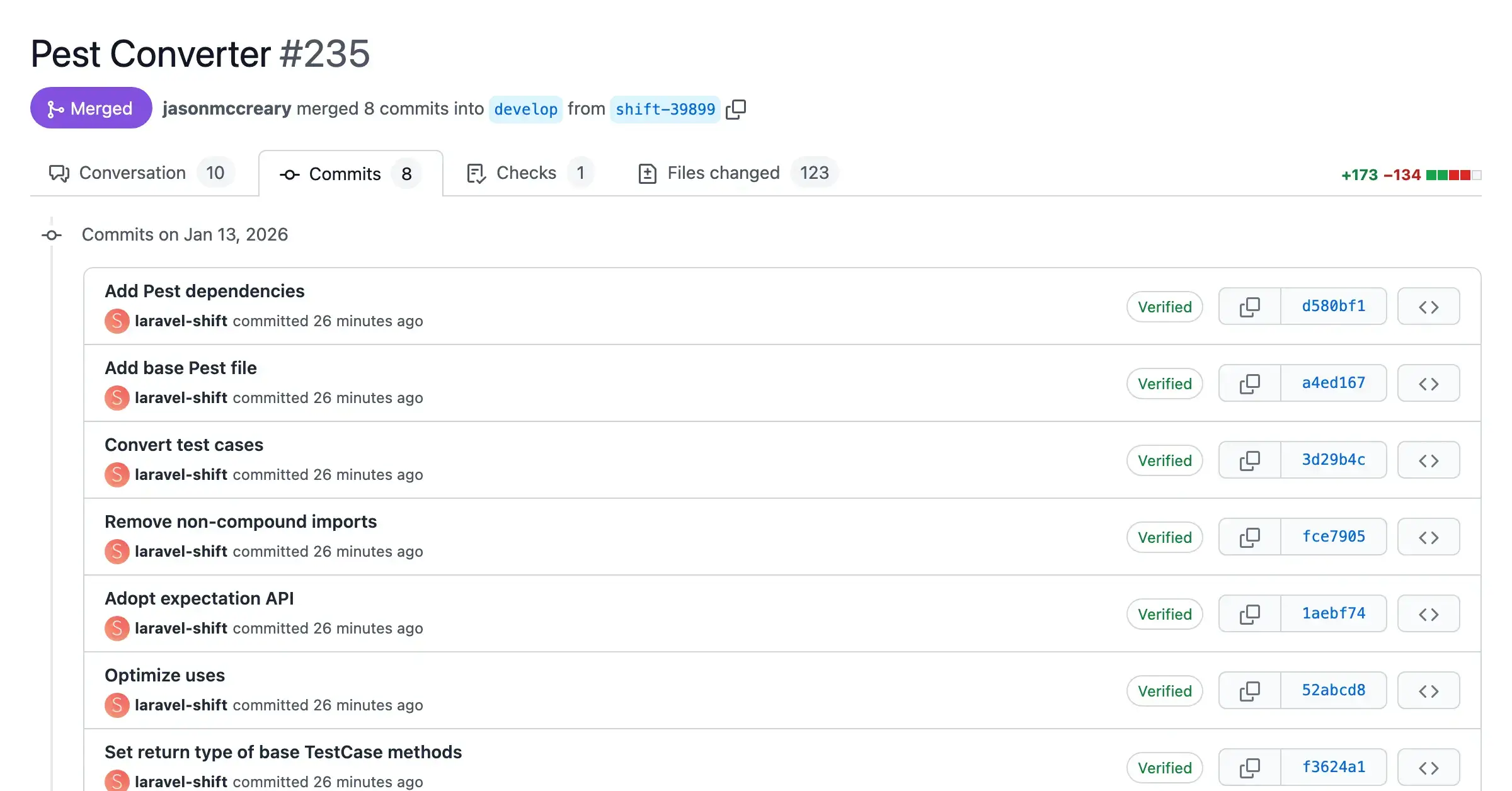Screenshot of a pull request with automated changes from the Pest Converter