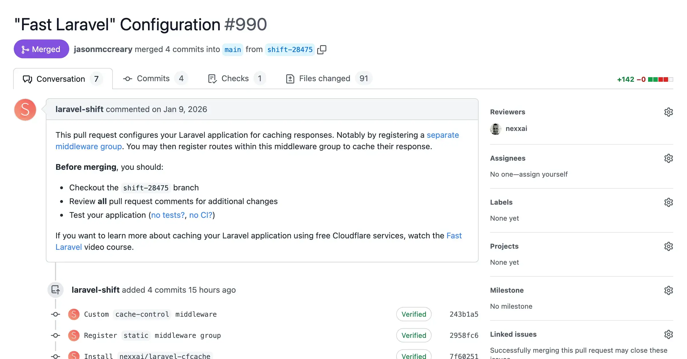 Screenshot of a pull request with automated changes from the Fast Laravel Shift