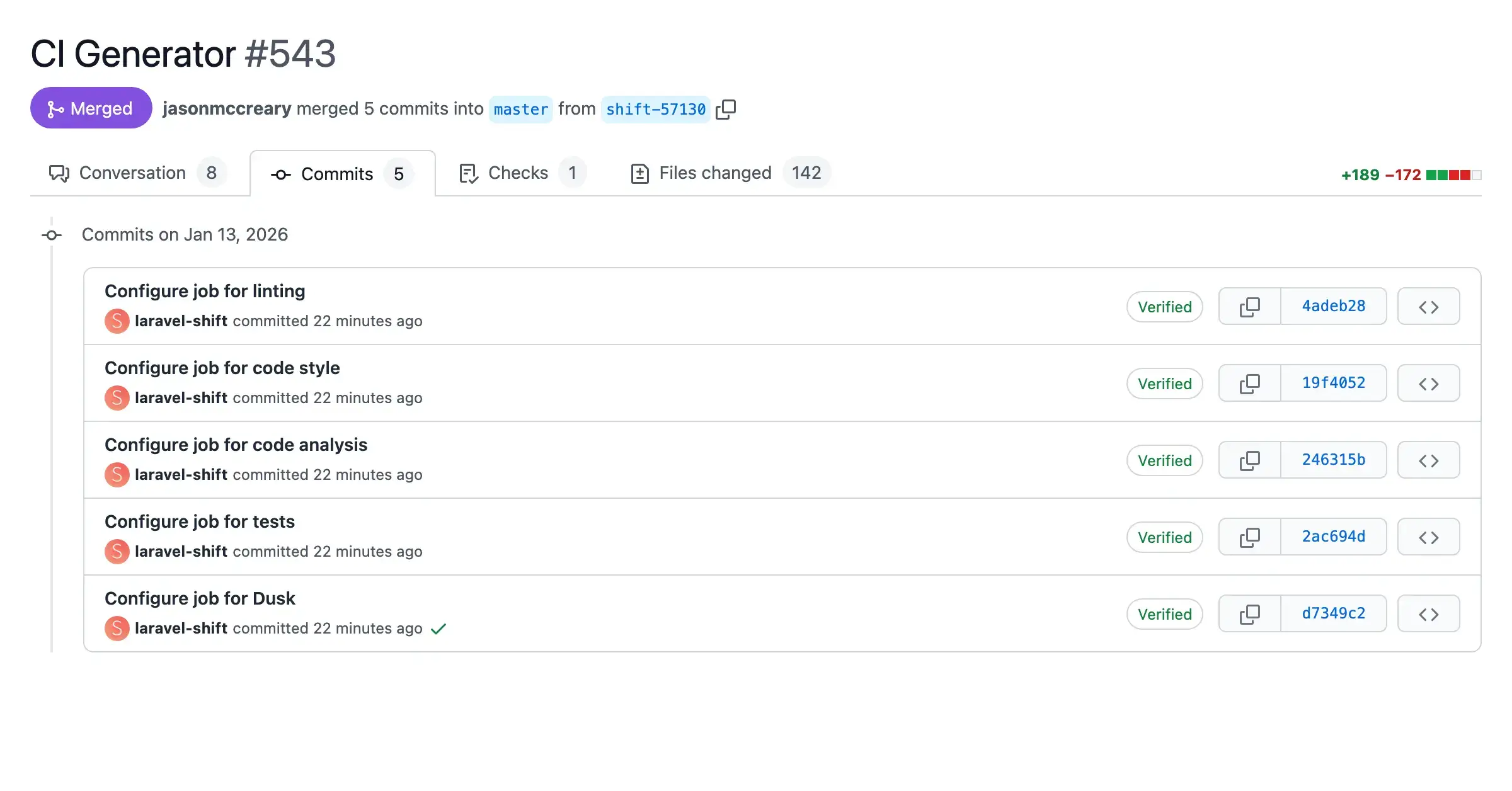 Screenshot of a pull request with automated changes from the CI Generator