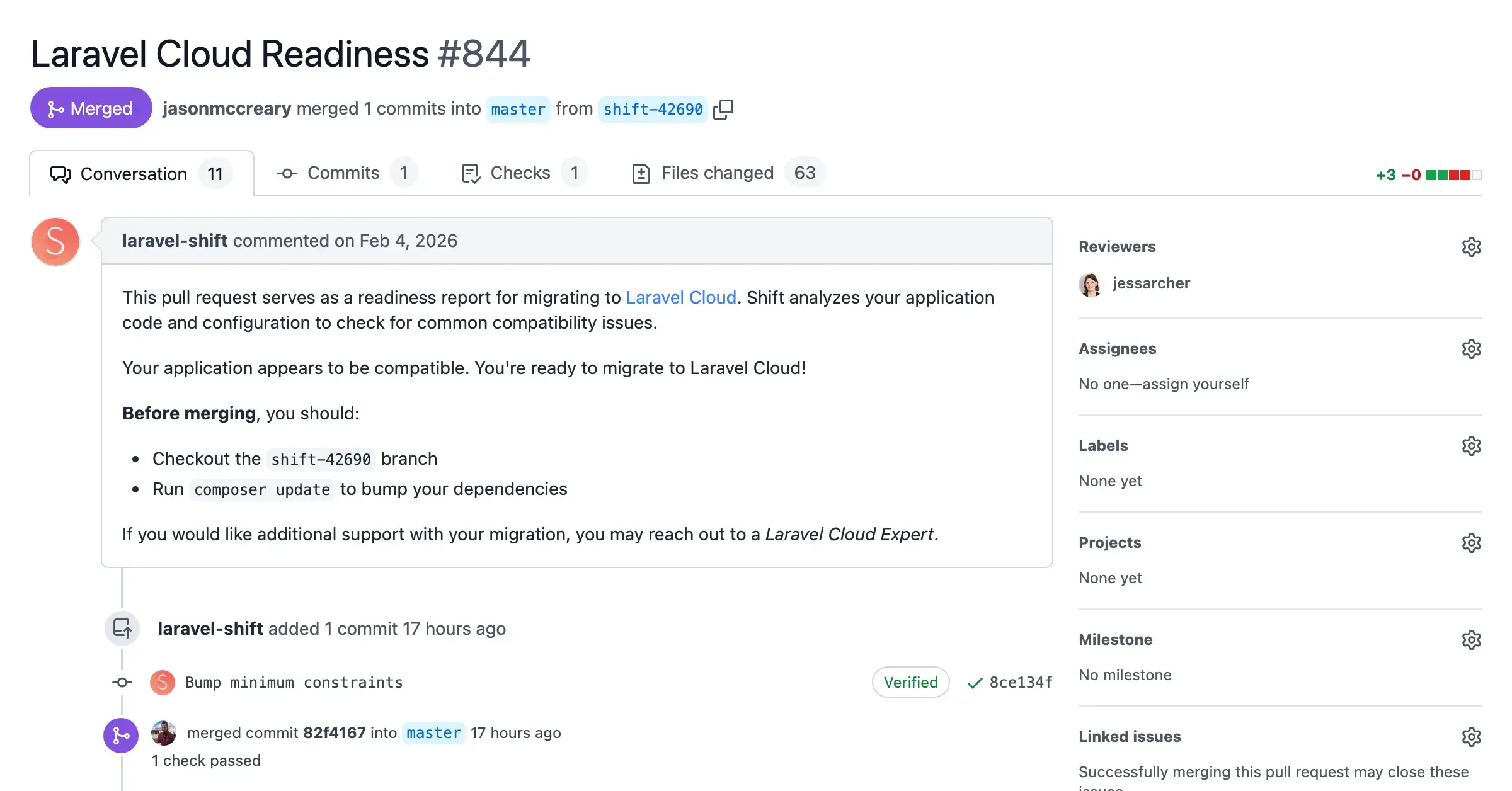 Screenshot of a pull request with report from the Laravel Cloud Readiness Shift