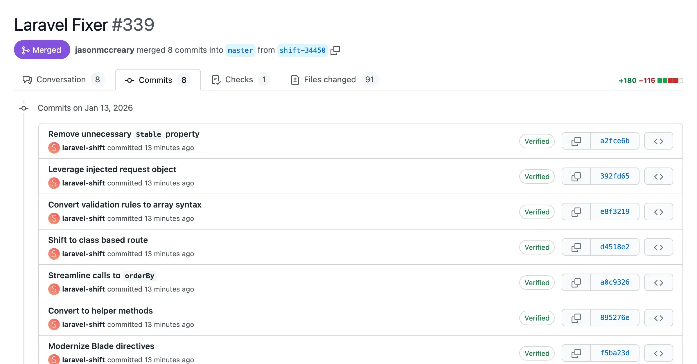 Screenshot of a pull request with automated changes from the Laravel Fixer