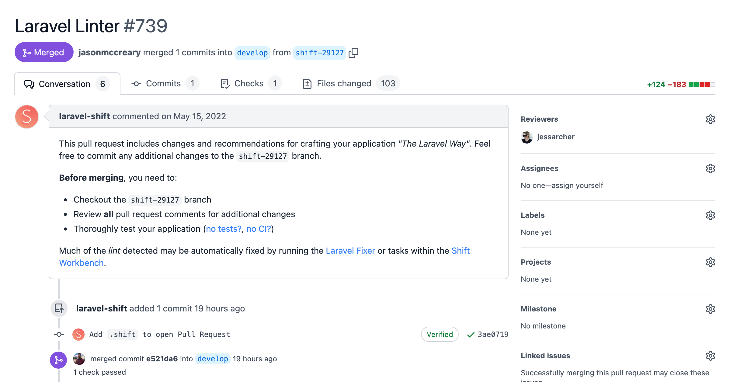 Screenshot of a pull request with automated changes from the Laravel Linter