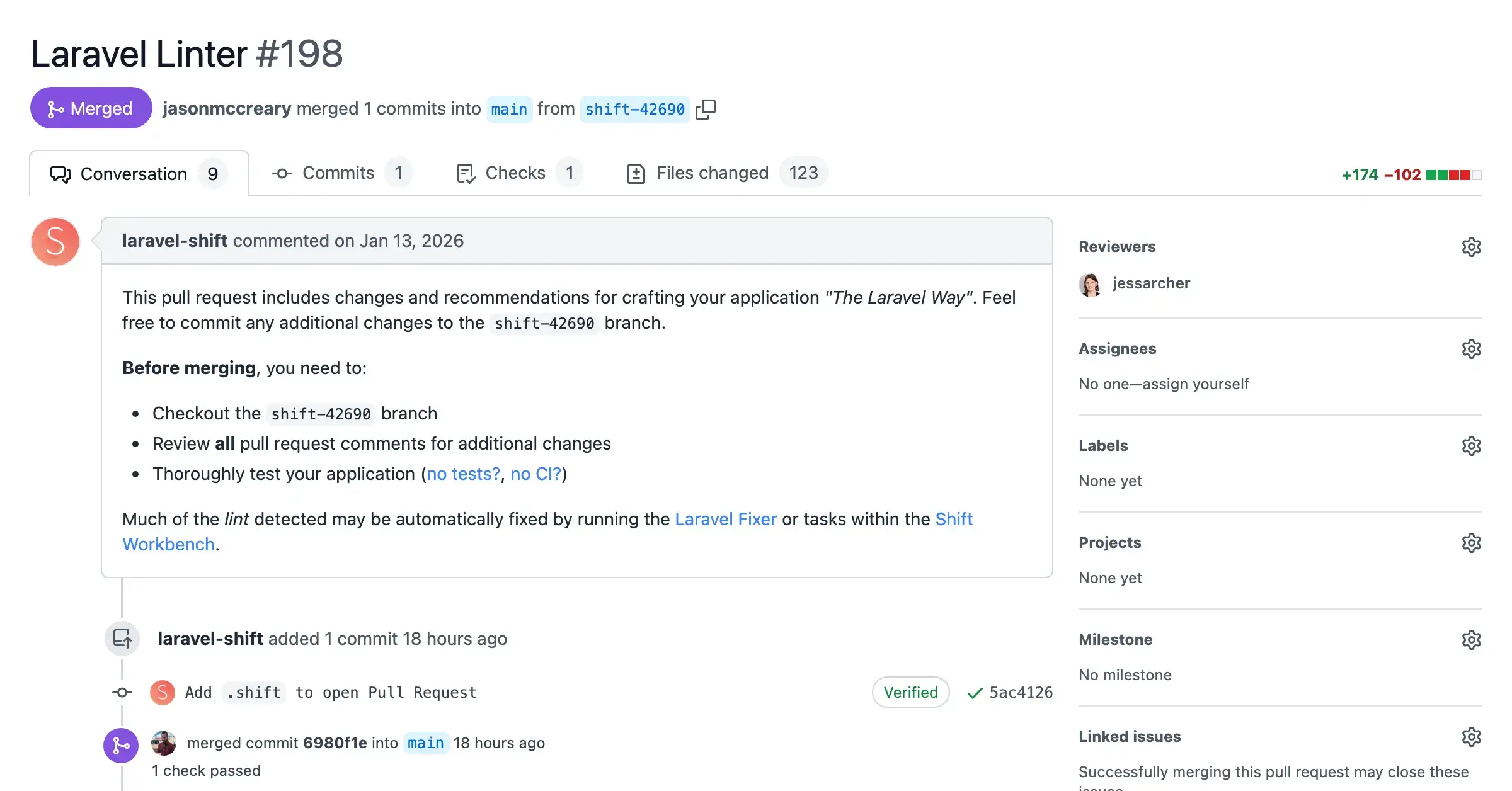 Screenshot of a pull request with automated changes from the Laravel Linter