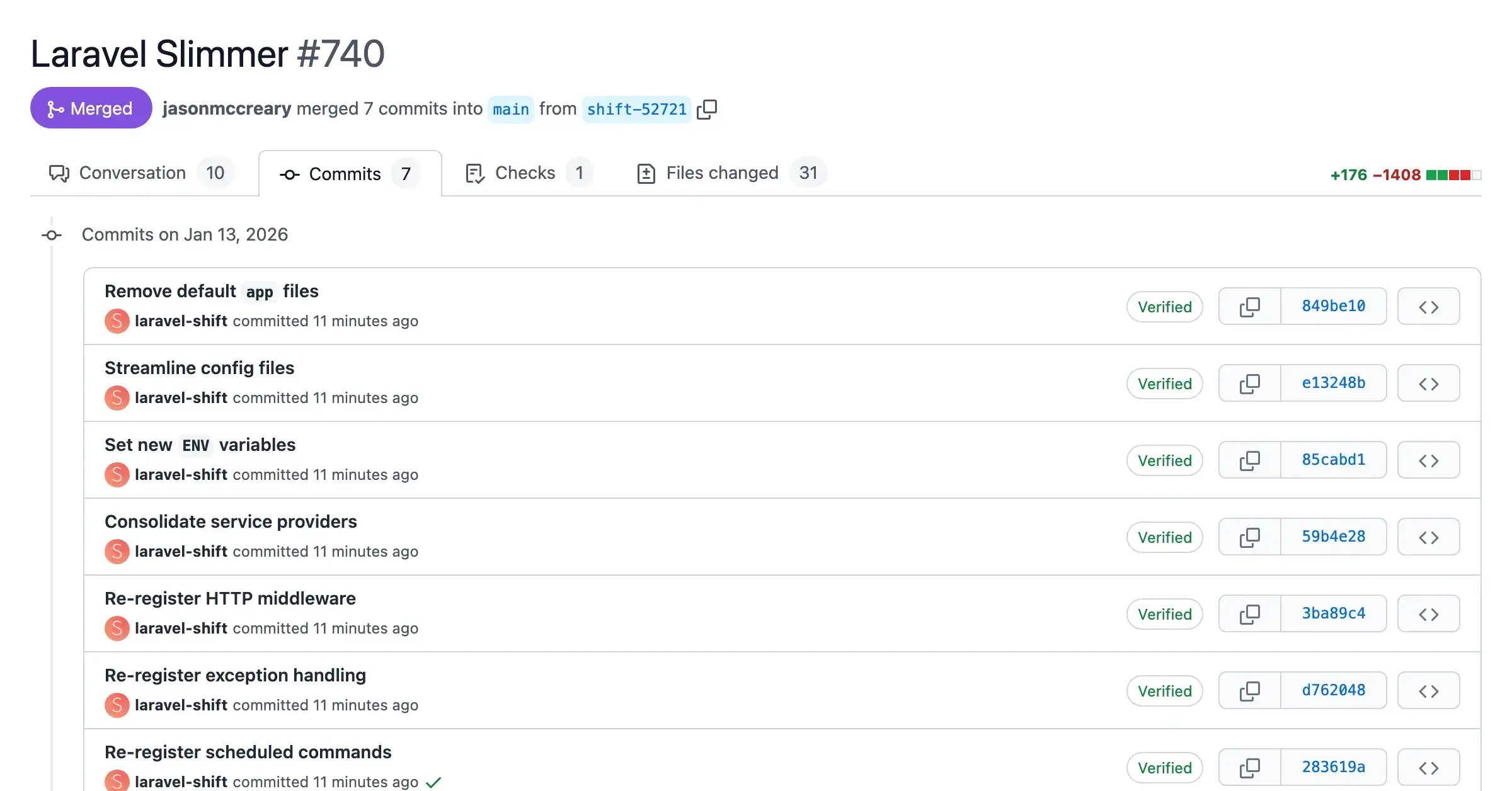 Screenshot of a pull request with automated changes from the Laravel Slimmer