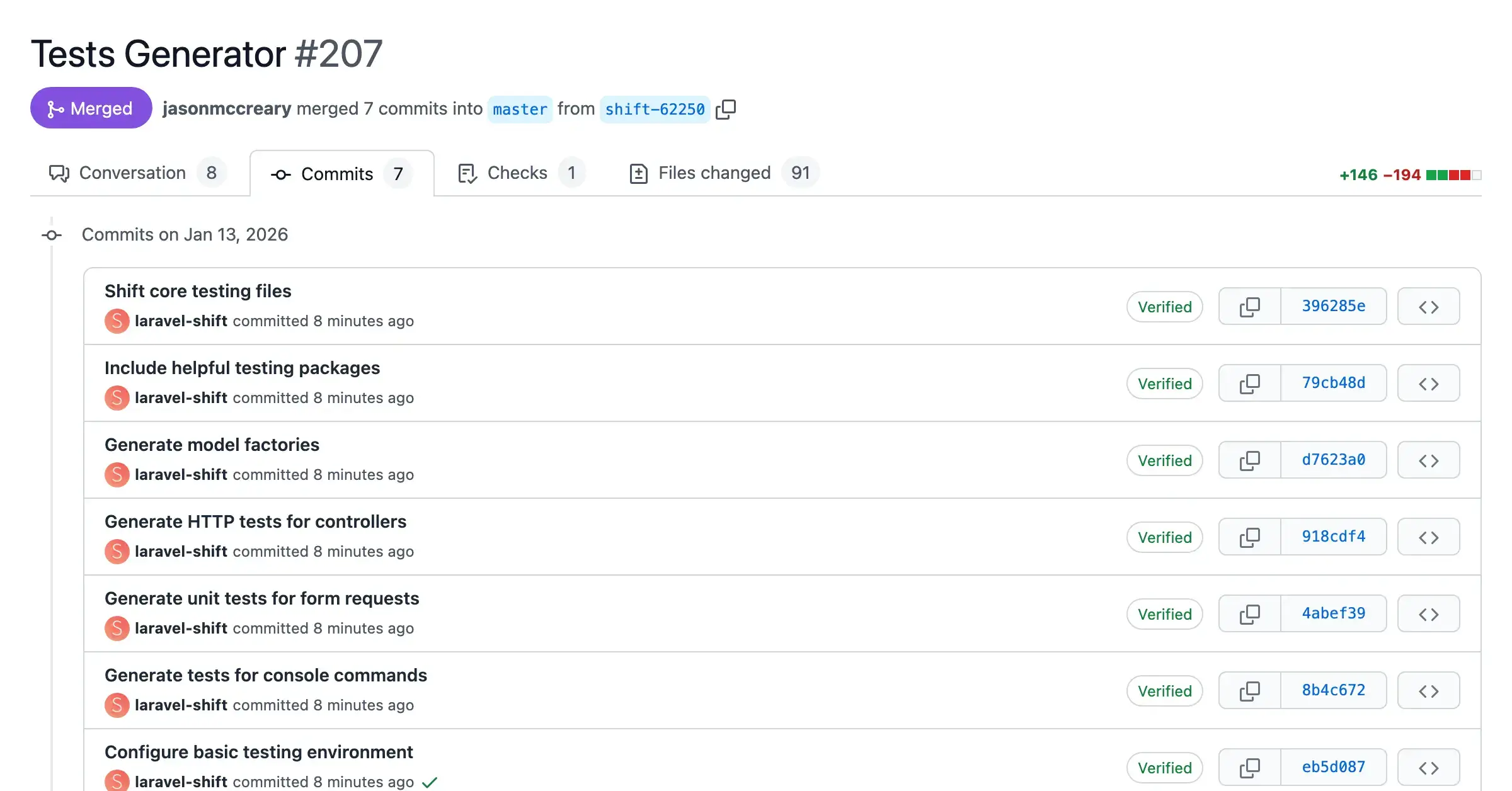 Screenshot of a pull request with automated changes from the Tests Generator