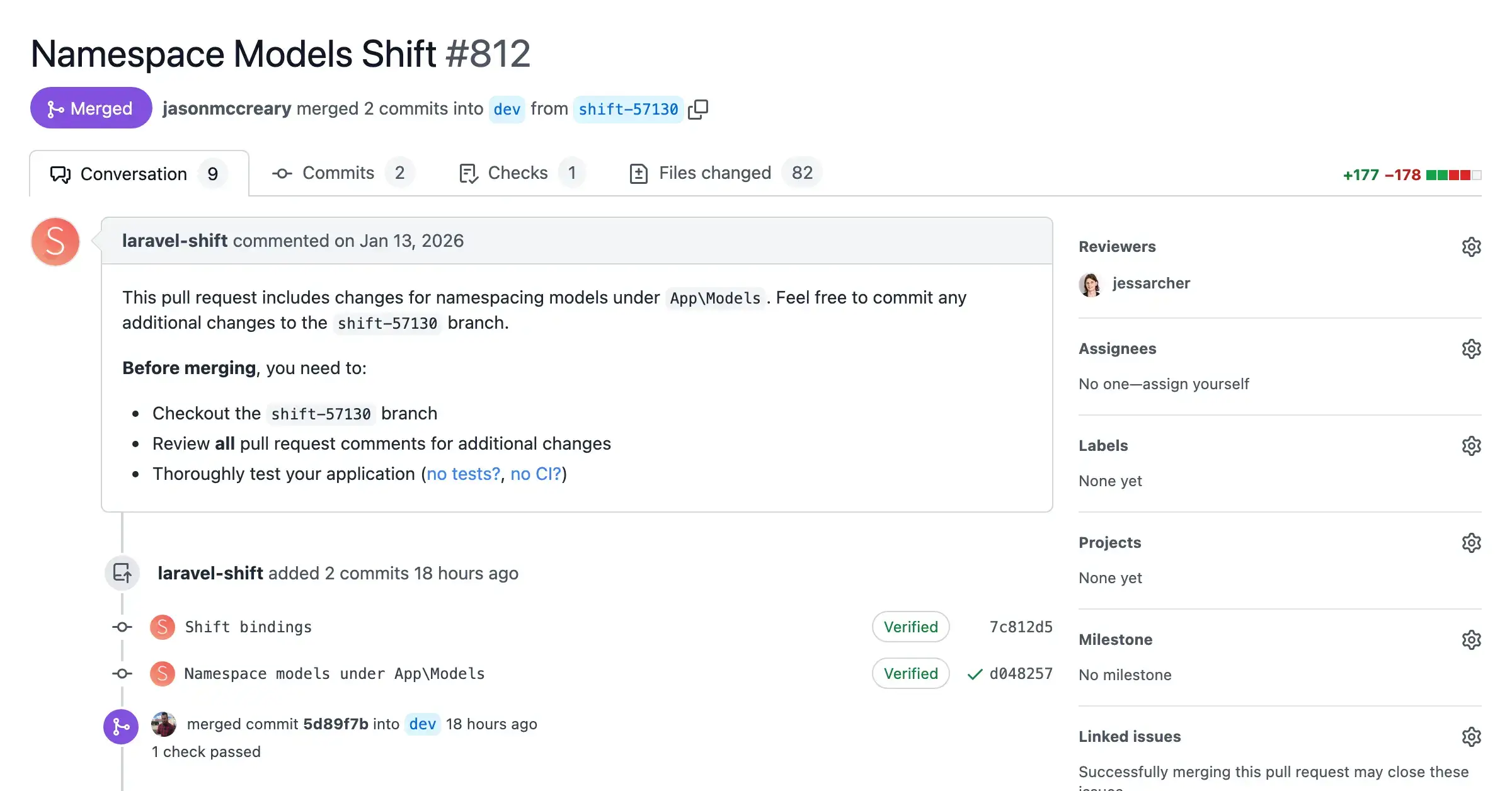 Screenshot of a pull request with automated changes from the Namespace Models Shift