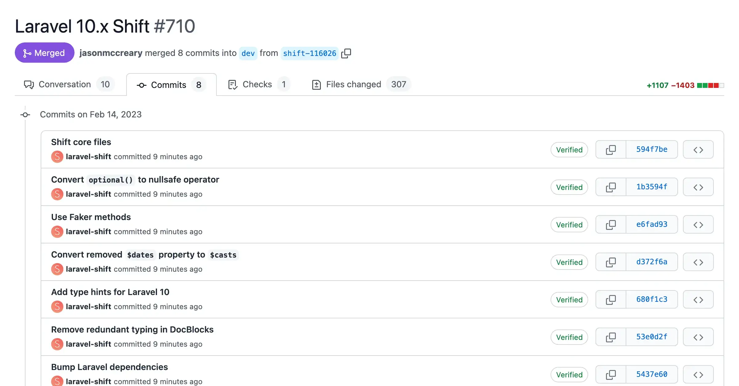 Screenshot of a pull request with automated changes from the Laravel 10.x Shift