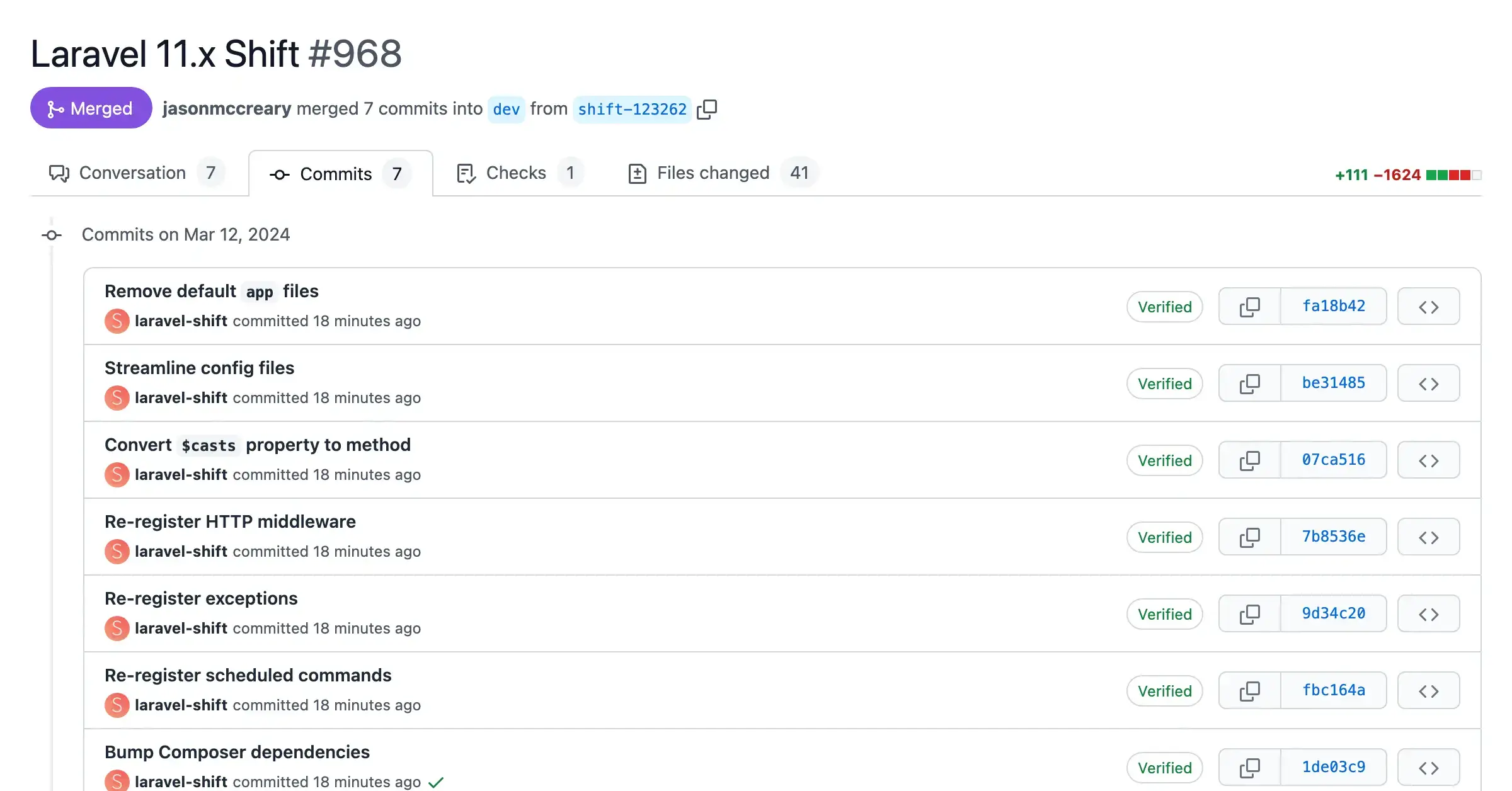 Screenshot of a pull request with automated changes from the Laravel 11.x Shift