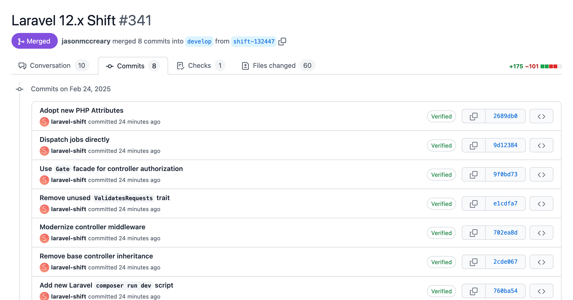 Screenshot of a pull request with automated changes from the Laravel 12.x Shift