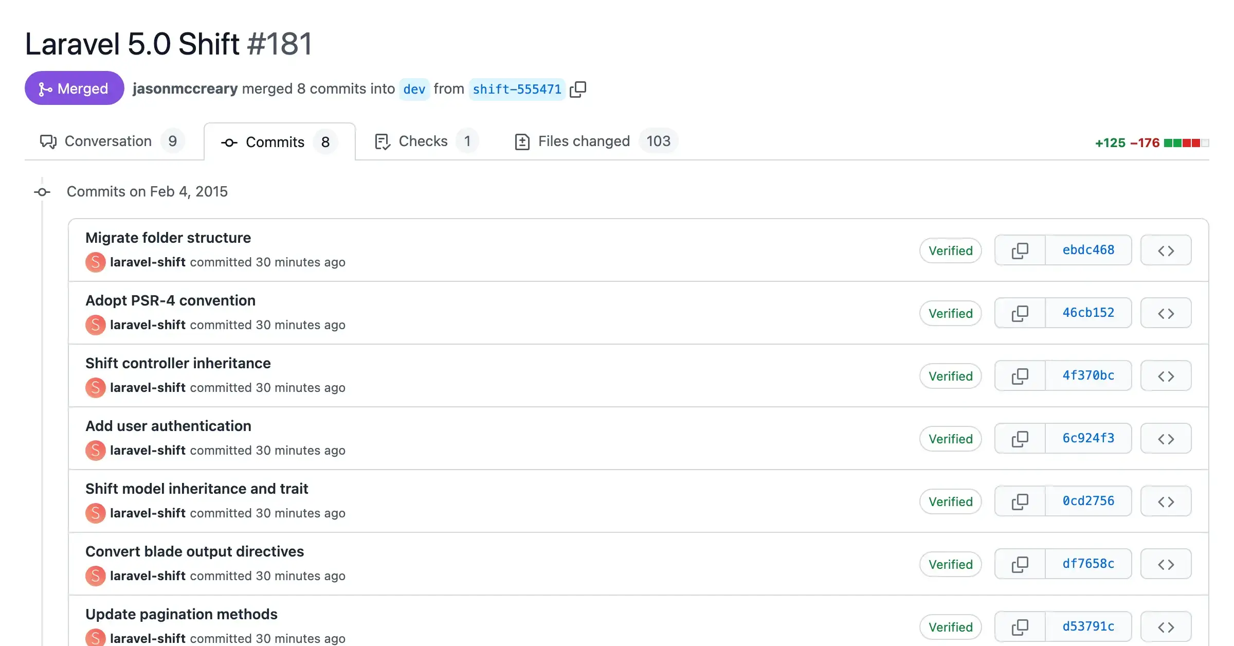 Screenshot of a pull request with automated changes from the Laravel 5.0 Shift