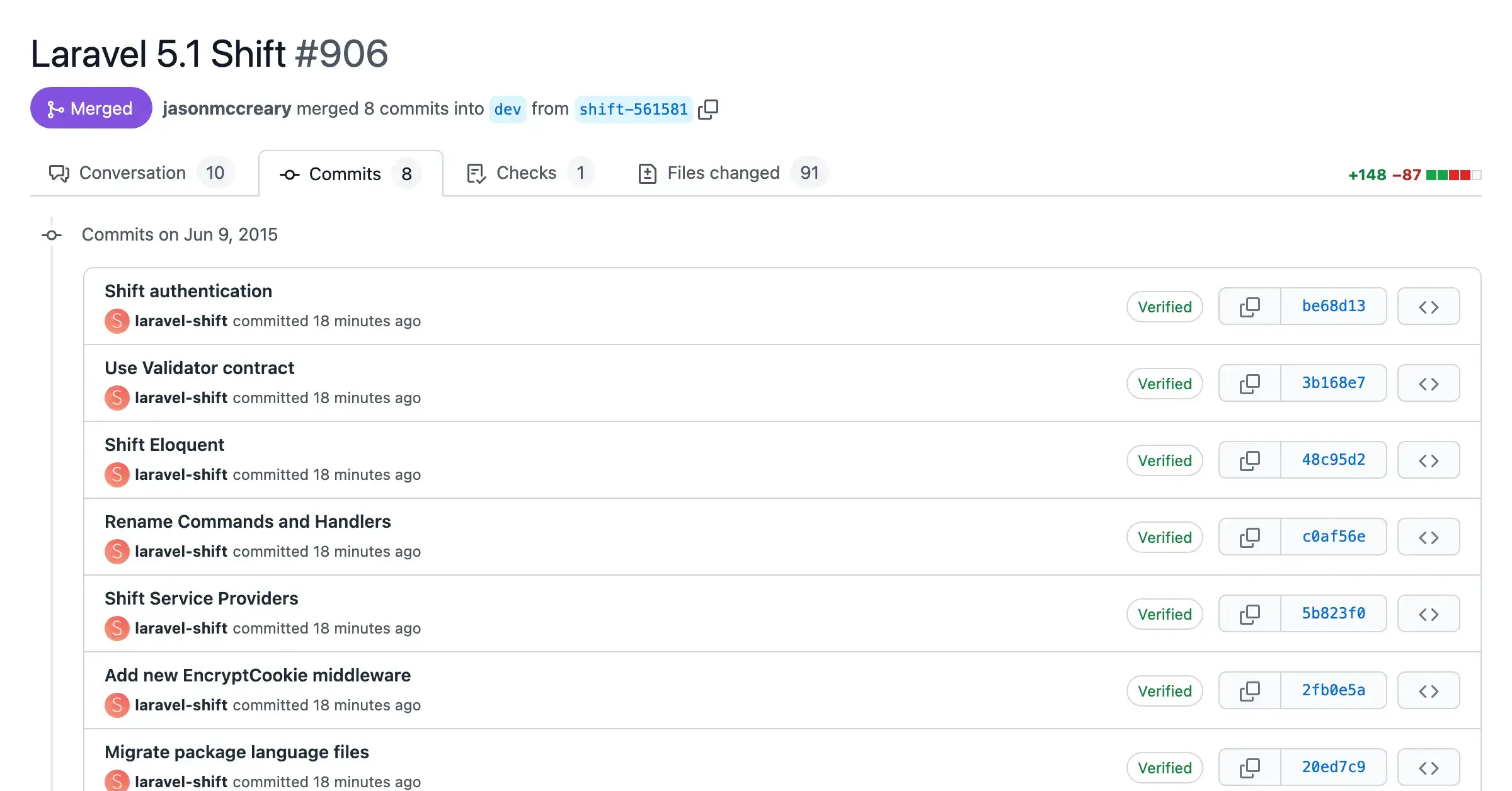Screenshot of a pull request with automated changes from the Laravel 5.1 Shift