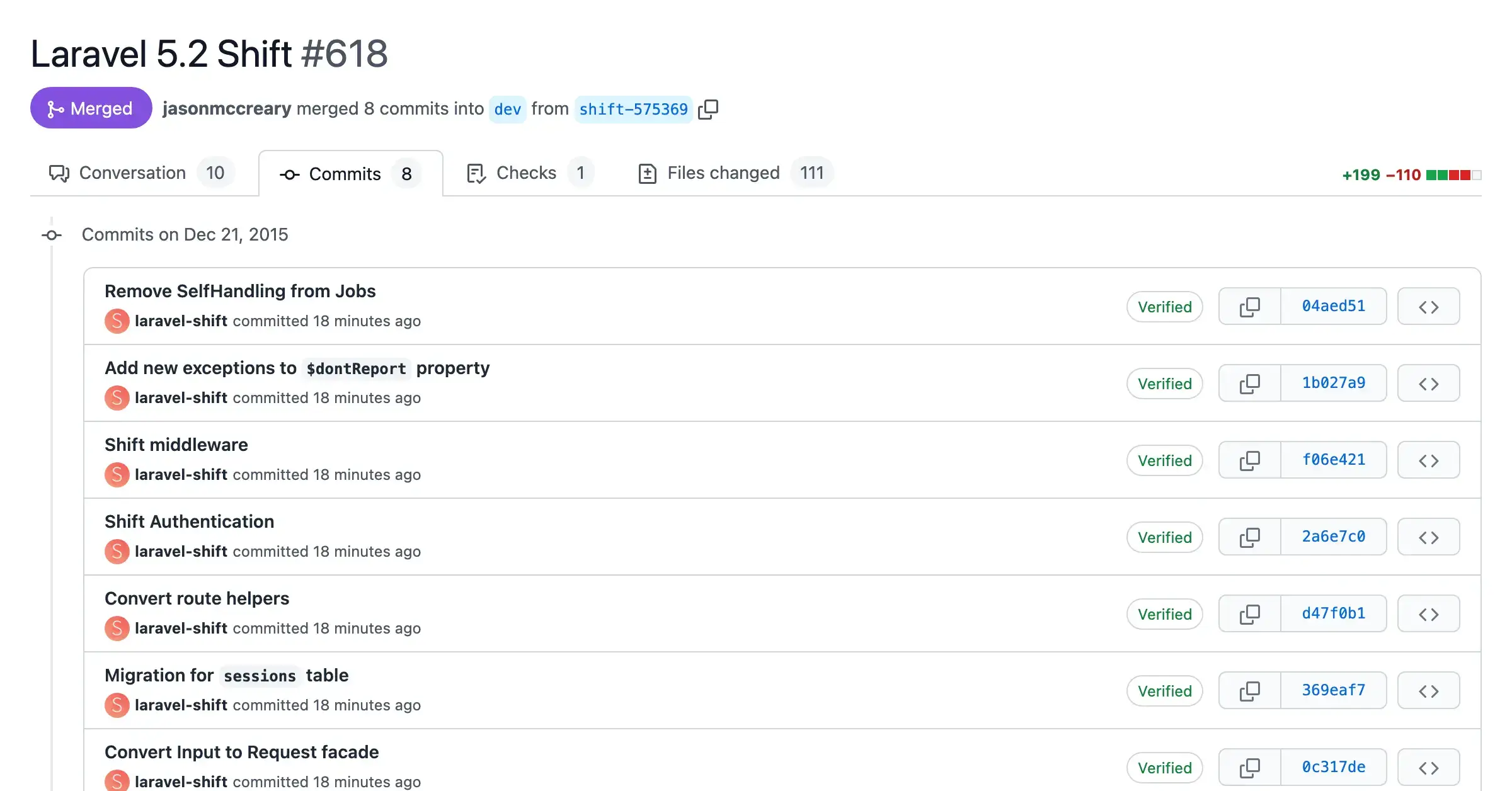 Screenshot of a pull request with automated changes from the Laravel 5.2 Shift