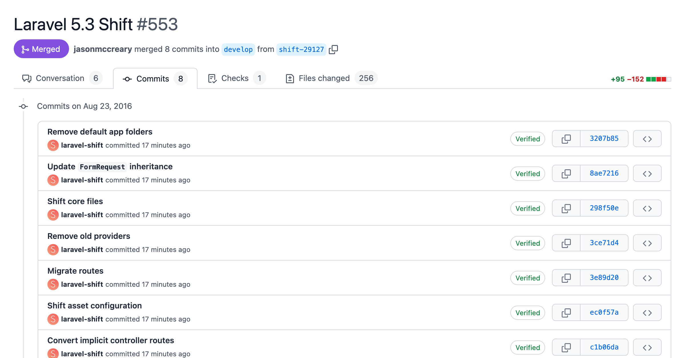 Screenshot of a pull request with automated changes from the Laravel 5.3 Shift