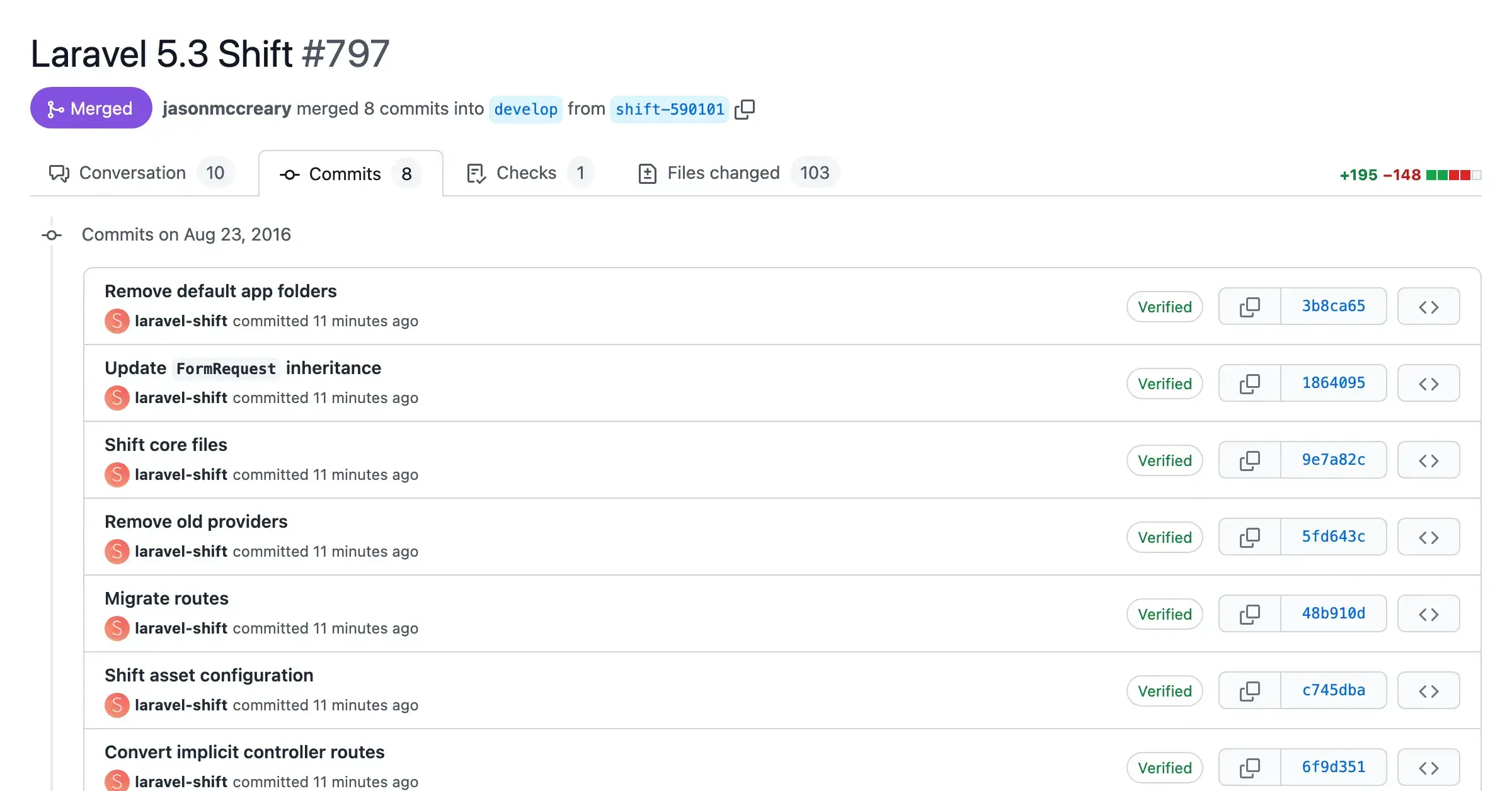 Screenshot of a pull request with automated changes from the Laravel 5.3 Shift