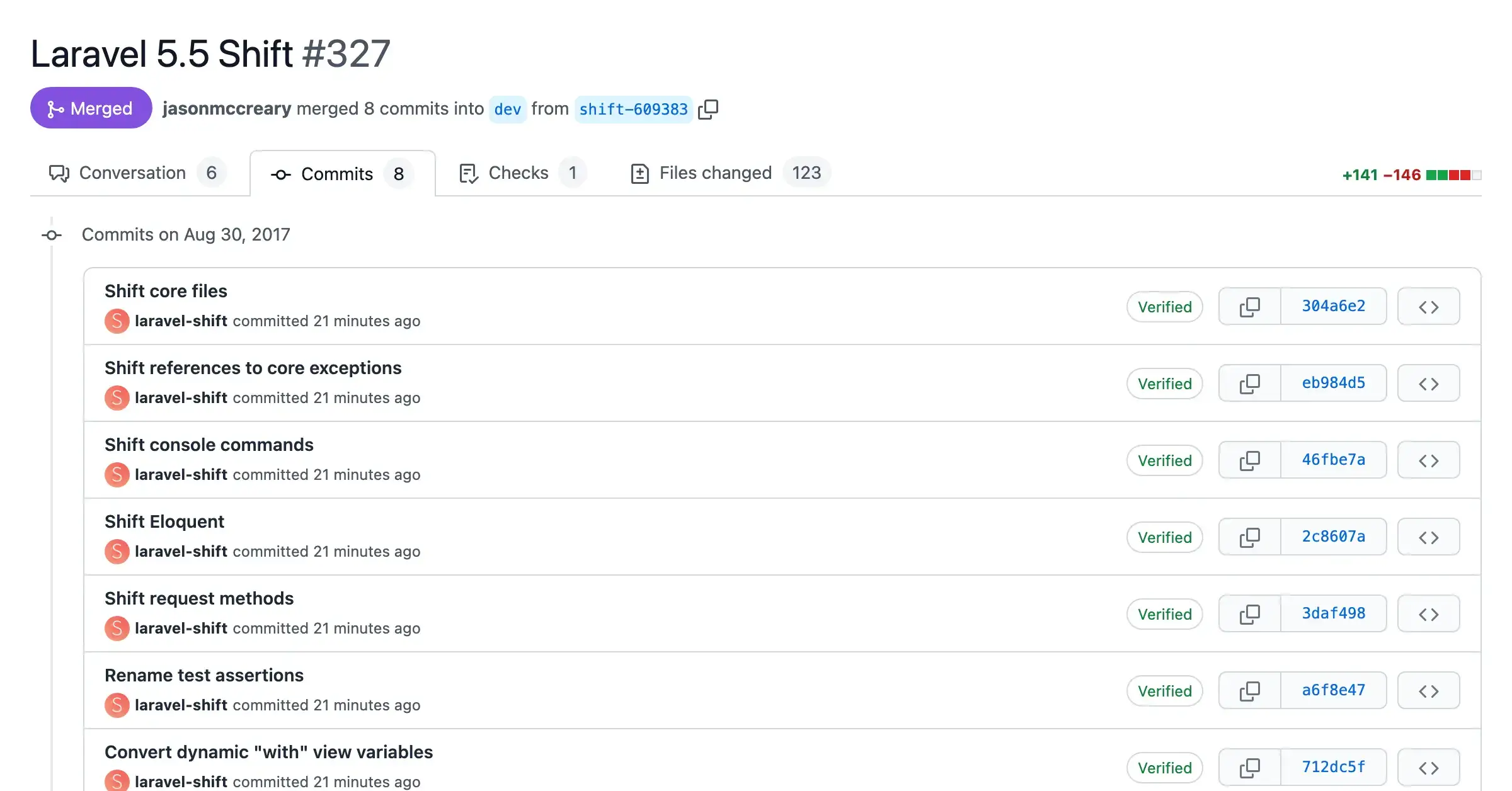 Screenshot of a pull request with automated changes from the Laravel 5.5 Shift