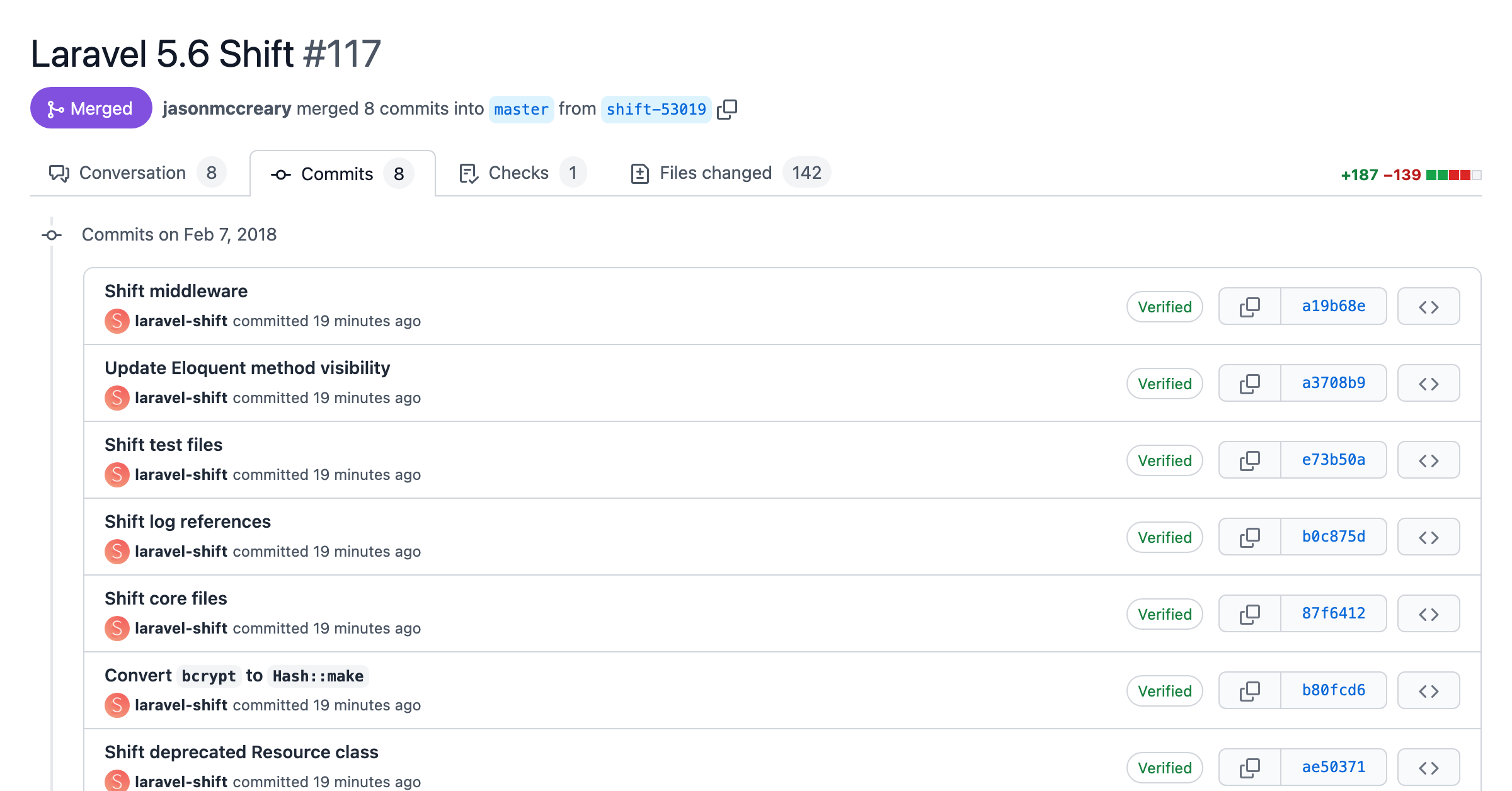 Screenshot of a pull request with atomic commits for each change of the Laravel 5.6 Shift