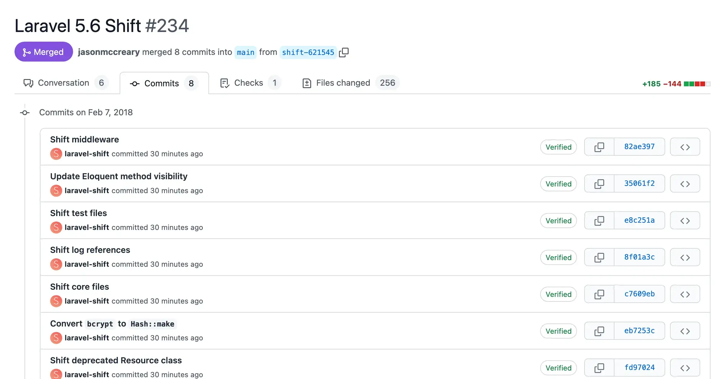 Screenshot of a pull request with automated changes from the Laravel 5.6 Shift