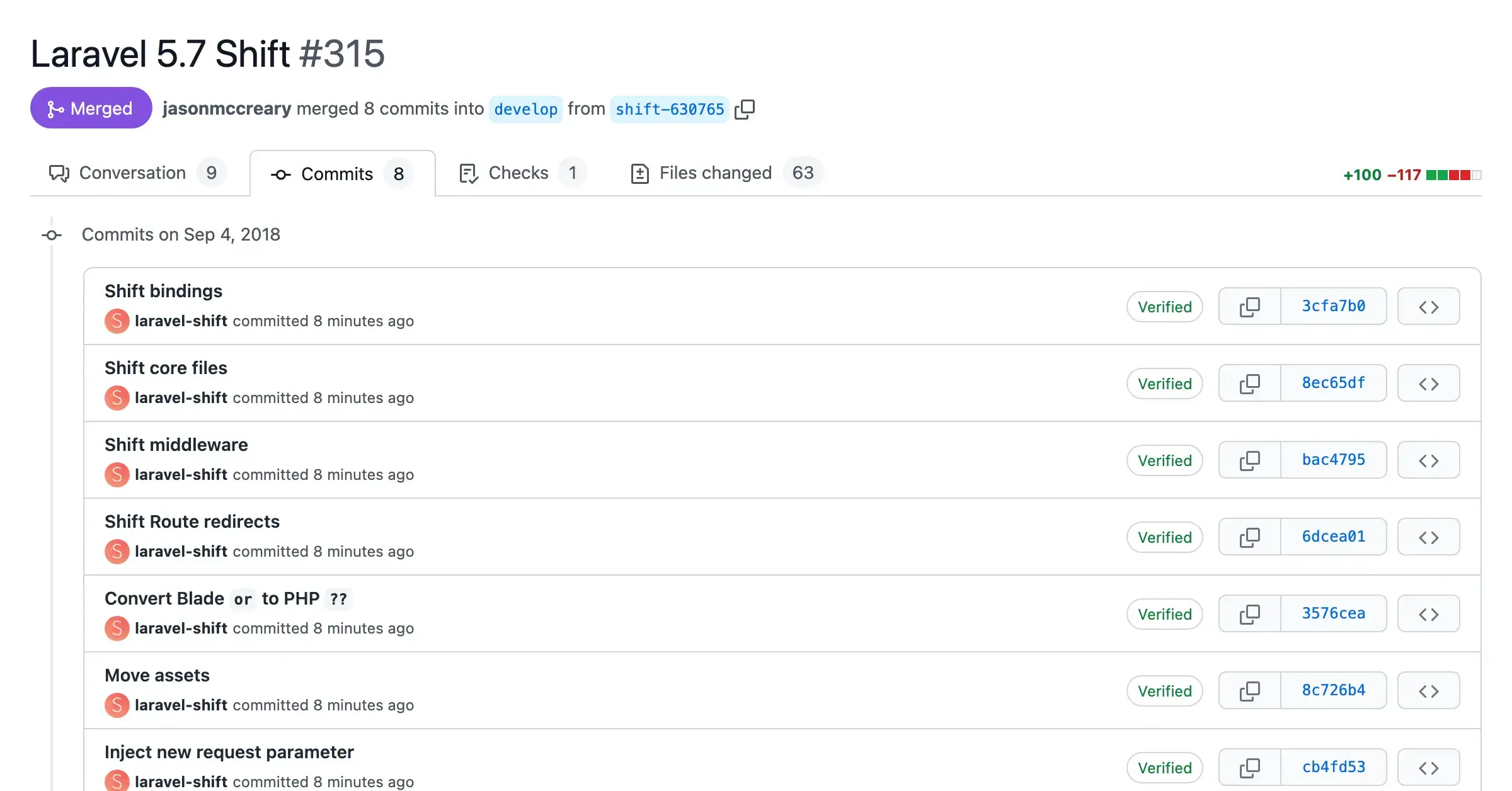 Screenshot of a pull request with automated changes from the Laravel 5.7 Shift