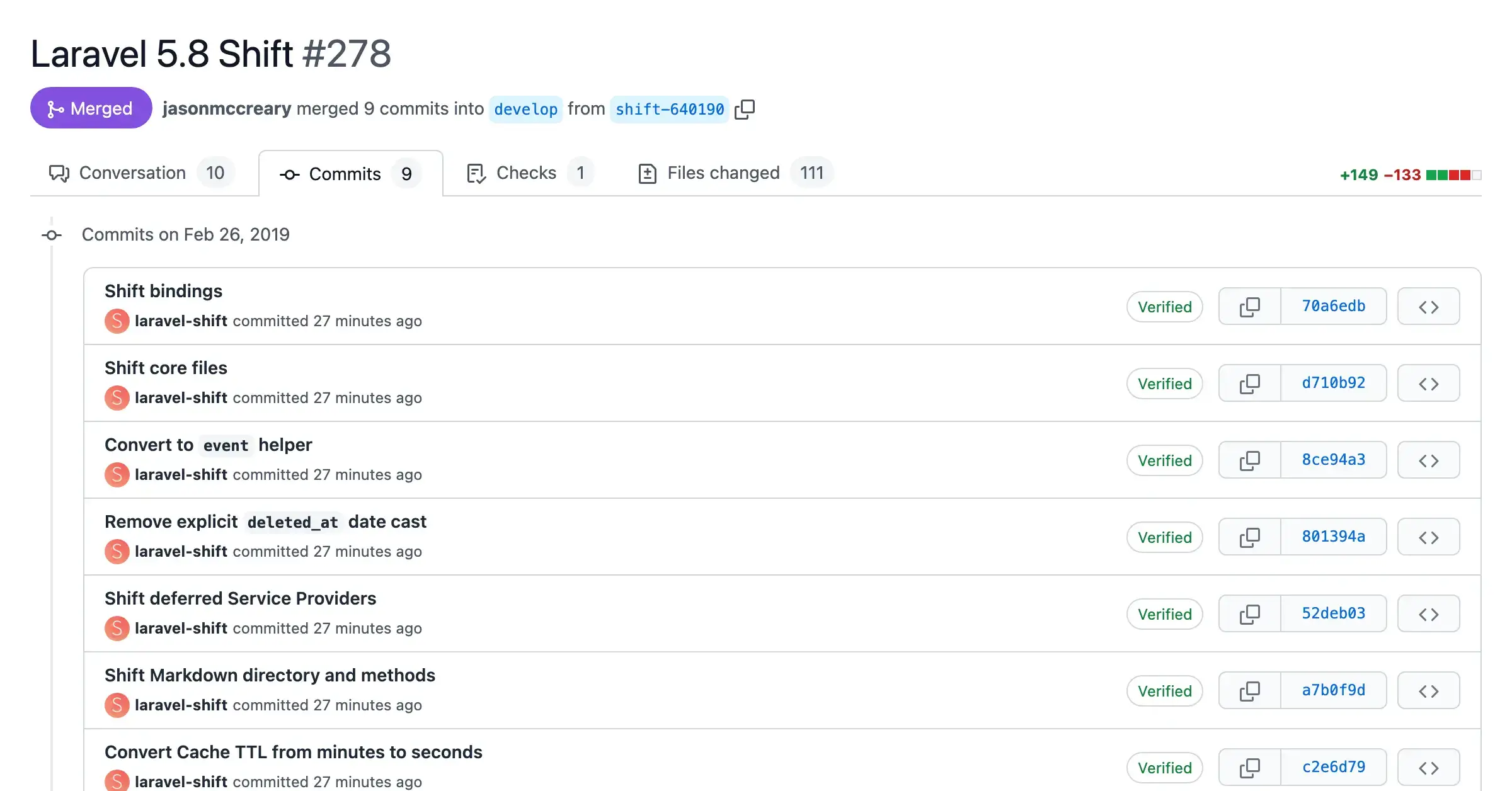 Screenshot of a pull request with automated changes from the Laravel 5.8 Shift