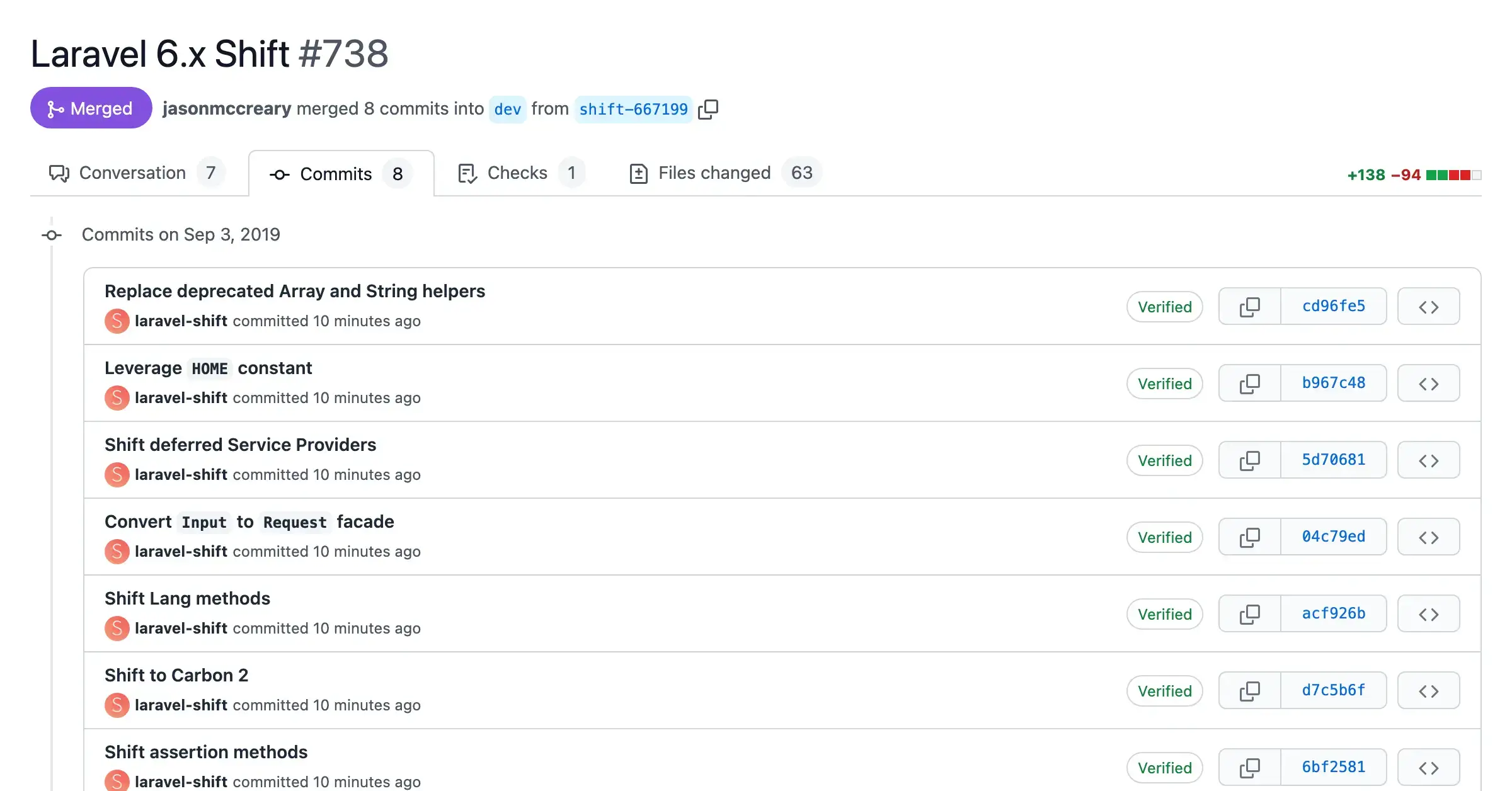 Screenshot of a pull request with automated changes from the Laravel 6.x Shift