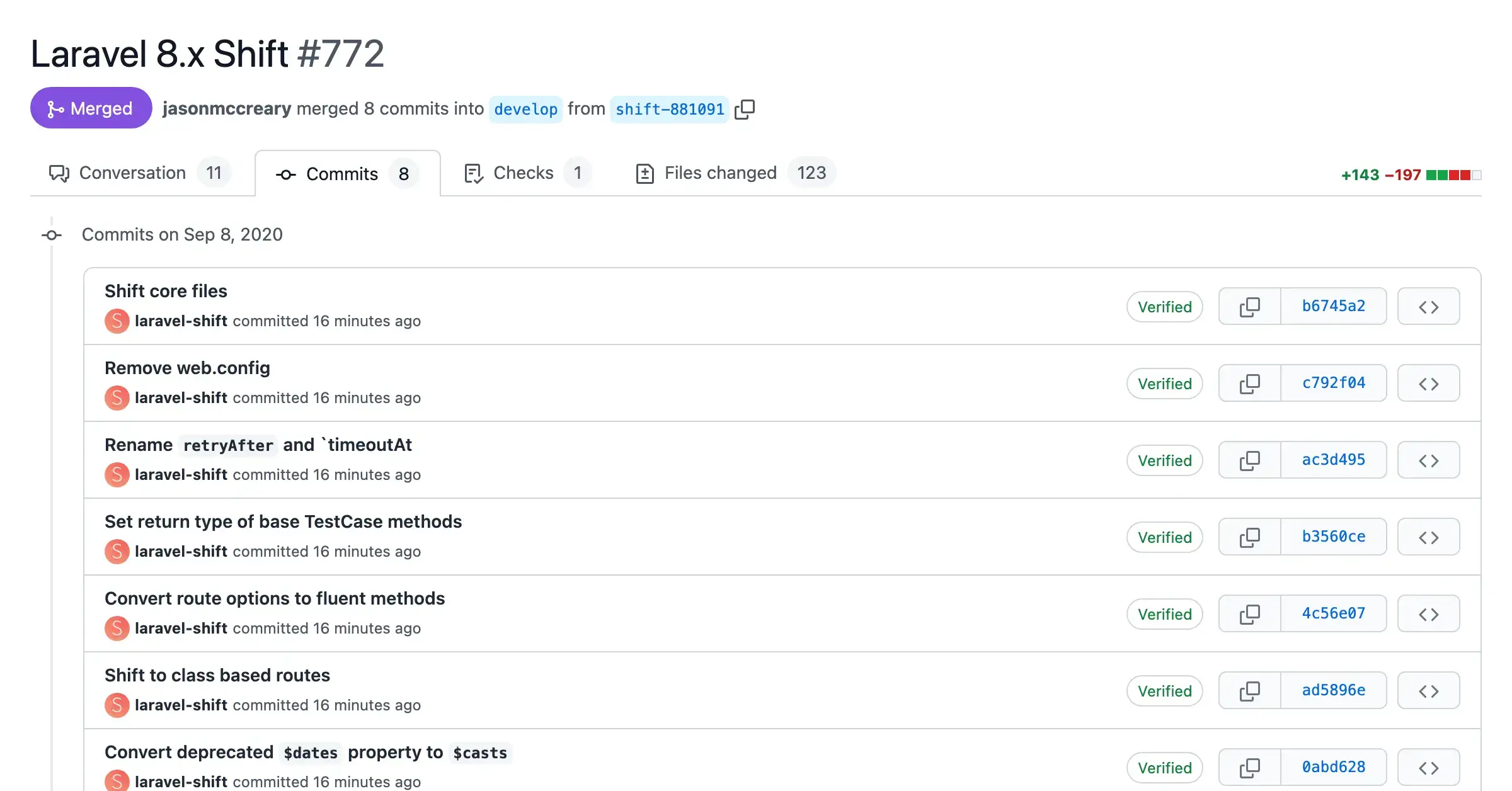 Screenshot of a pull request with automated changes from the Laravel 8.x Shift