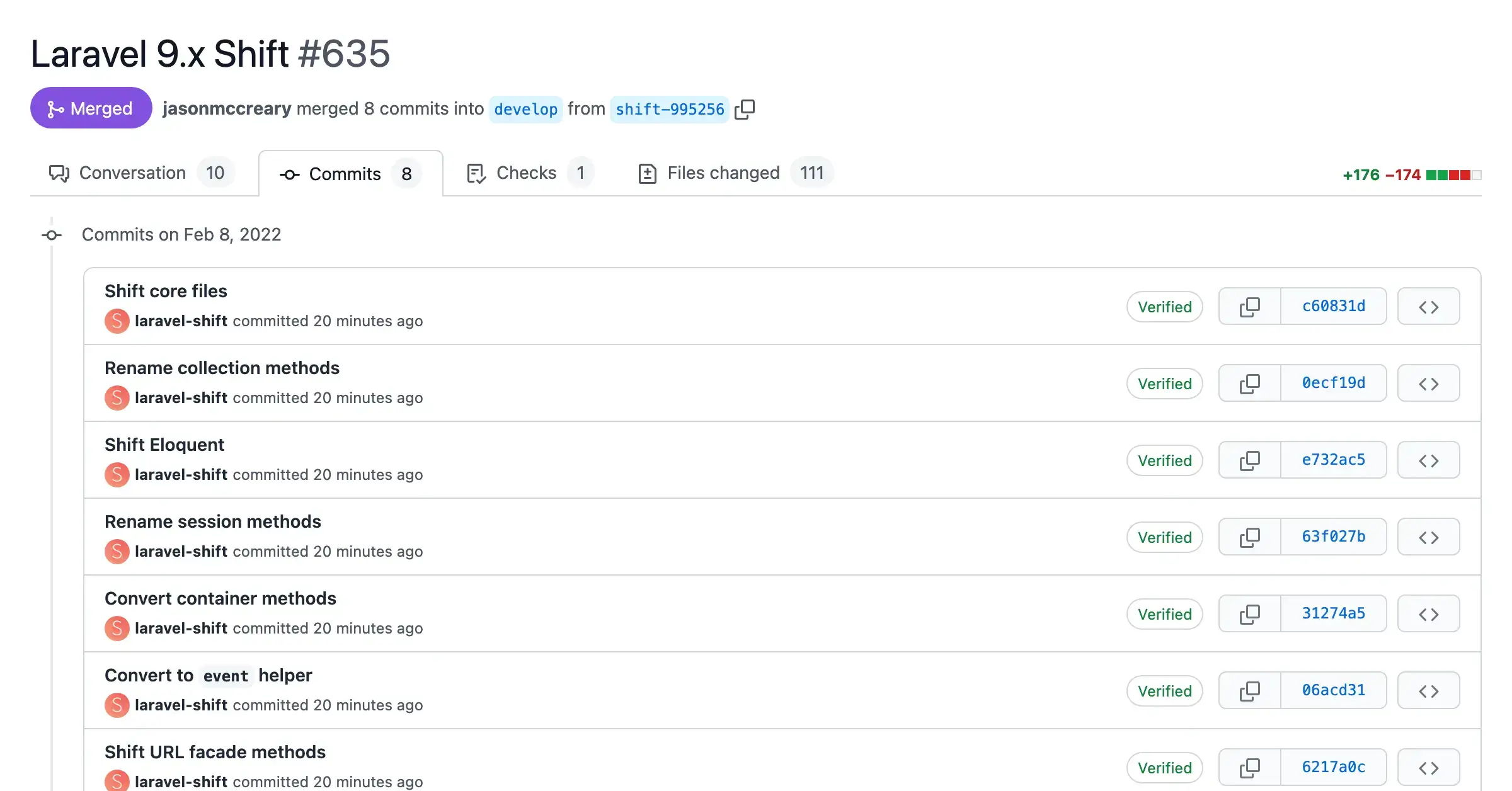 Screenshot of a pull request with automated changes from the Laravel 9.x Shift