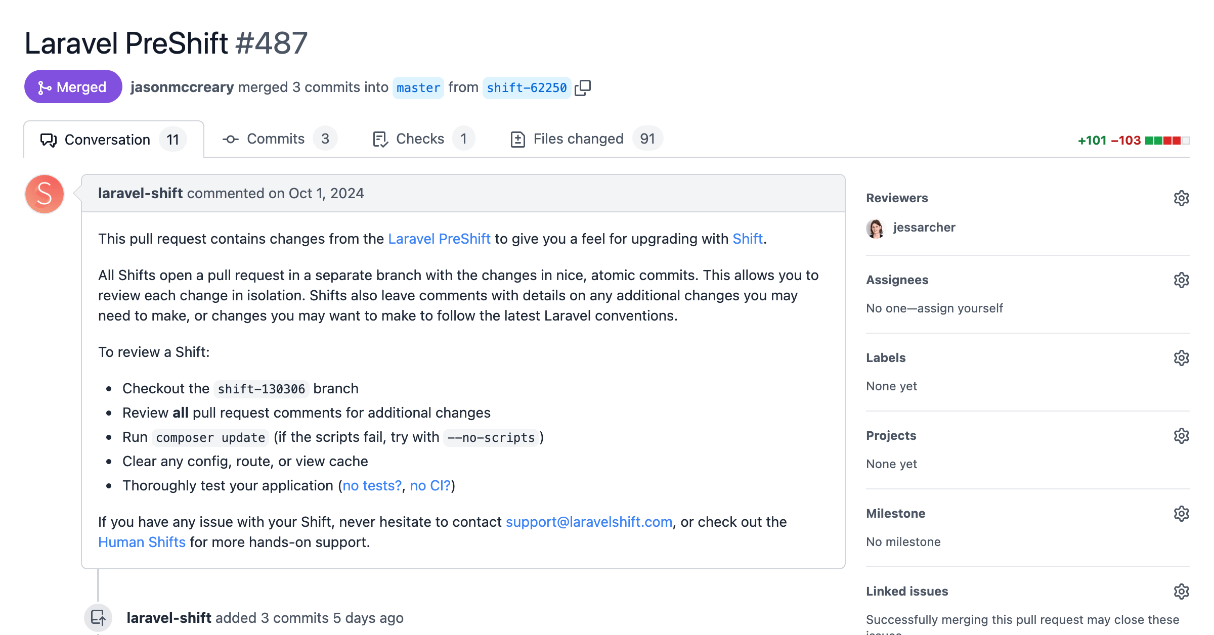 Screenshot of a pull request with automated changes from the Laravel PreShift