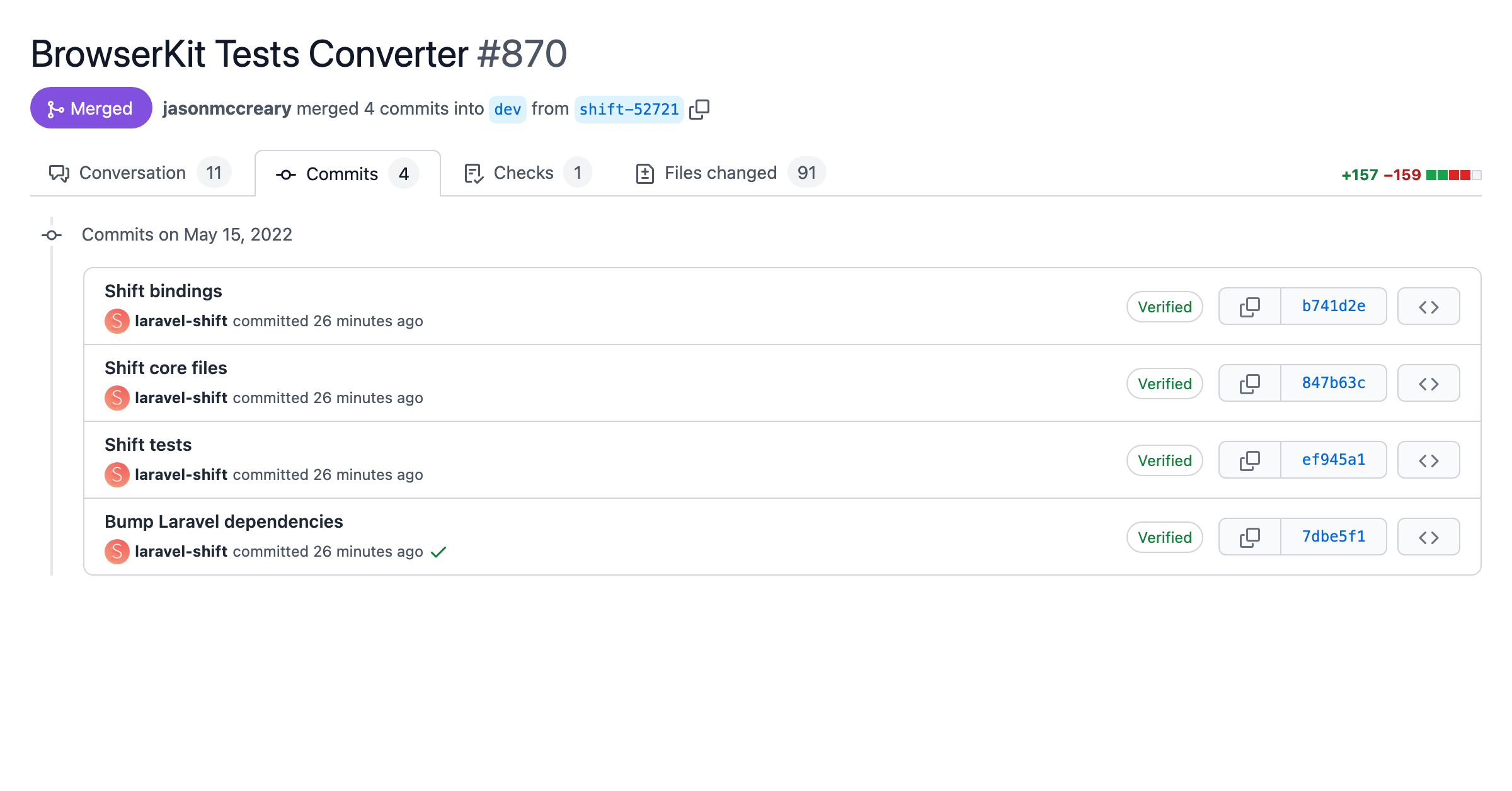 Screenshot of a pull request with automated changes from the Browserkit Tests Converter