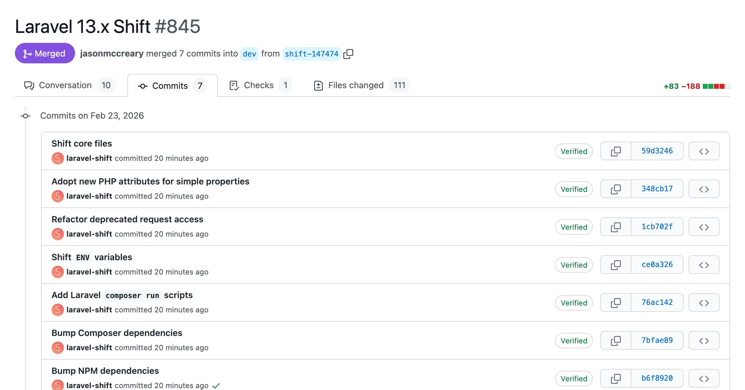 Screenshot of a pull request with automated changes from the Laravel 13.x Shift