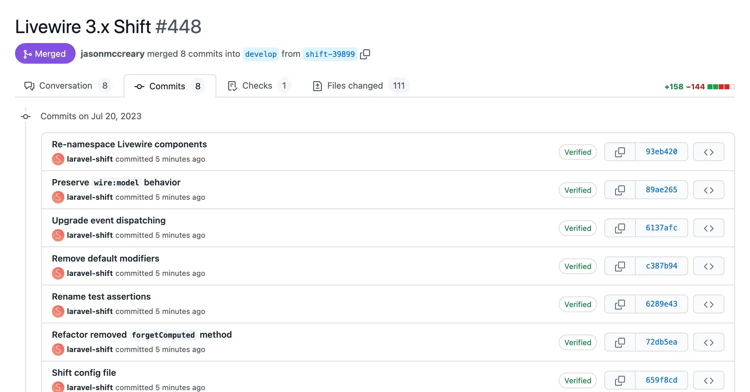 Screenshot of a pull request with automated changes from the Livewire 3.x Shift