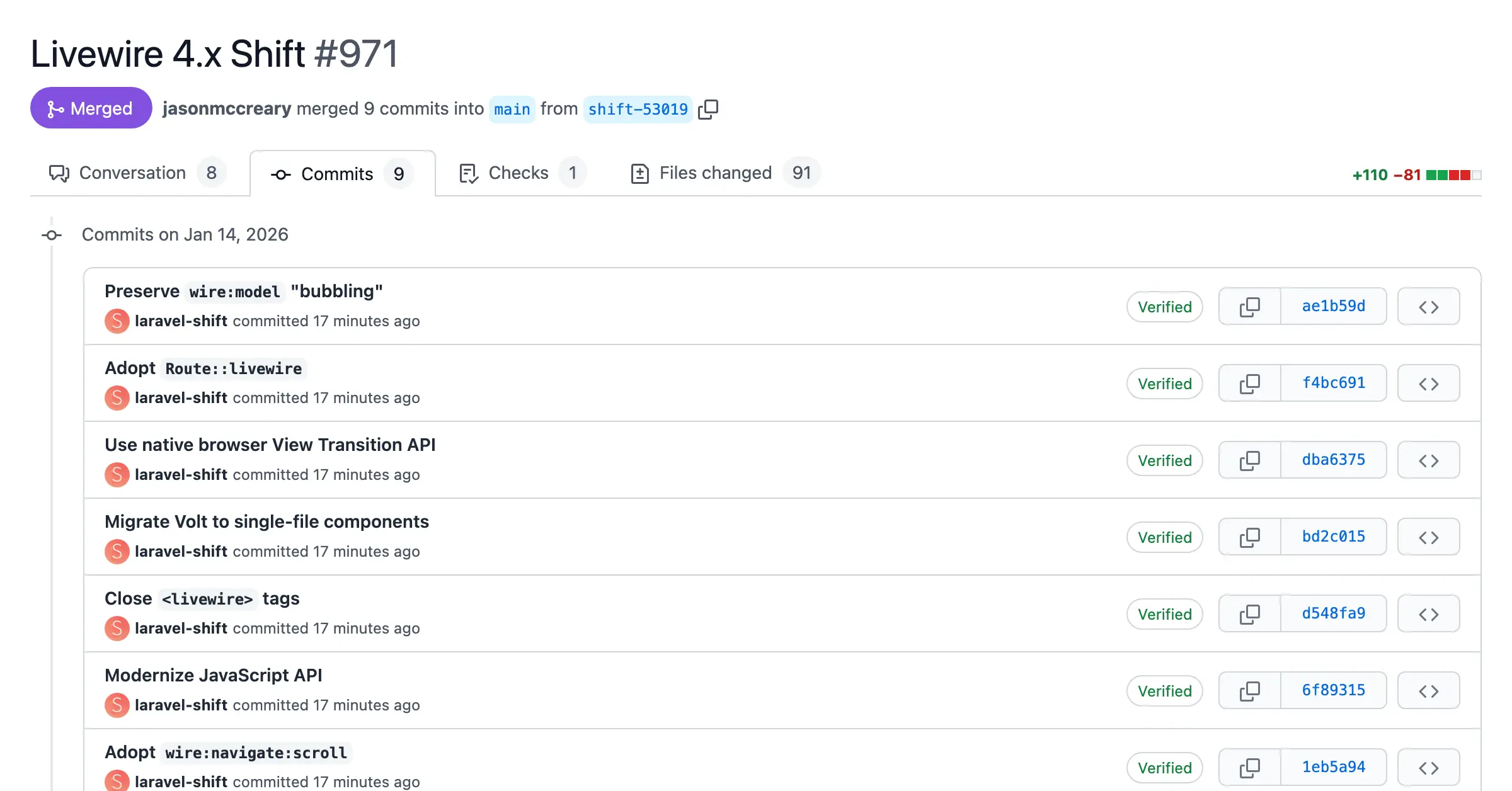 Screenshot of a pull request with automated changes from the Livewire 4.x Shift