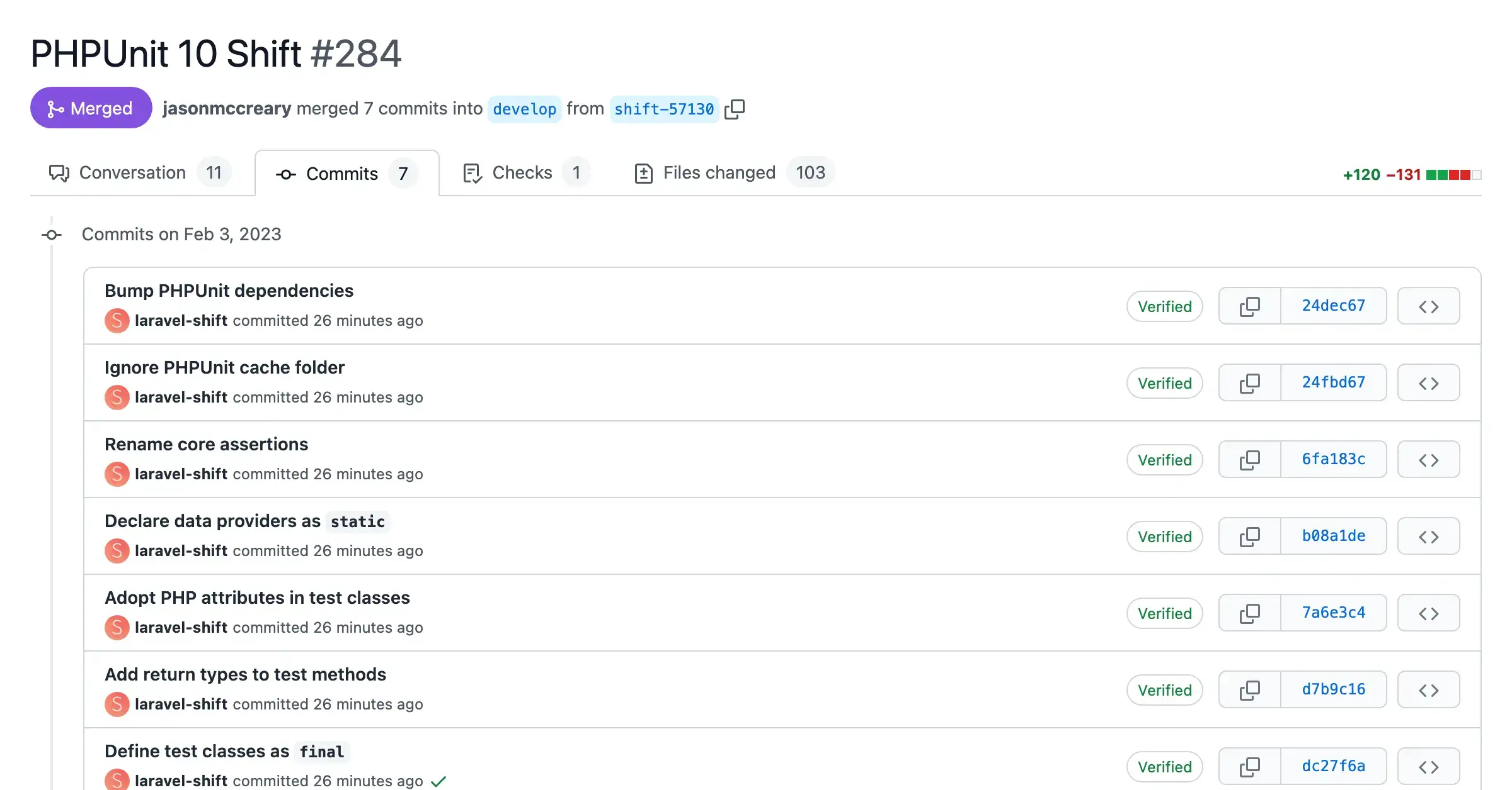 Screenshot of a pull request with automated changes from the PHPUnit 10 Shift