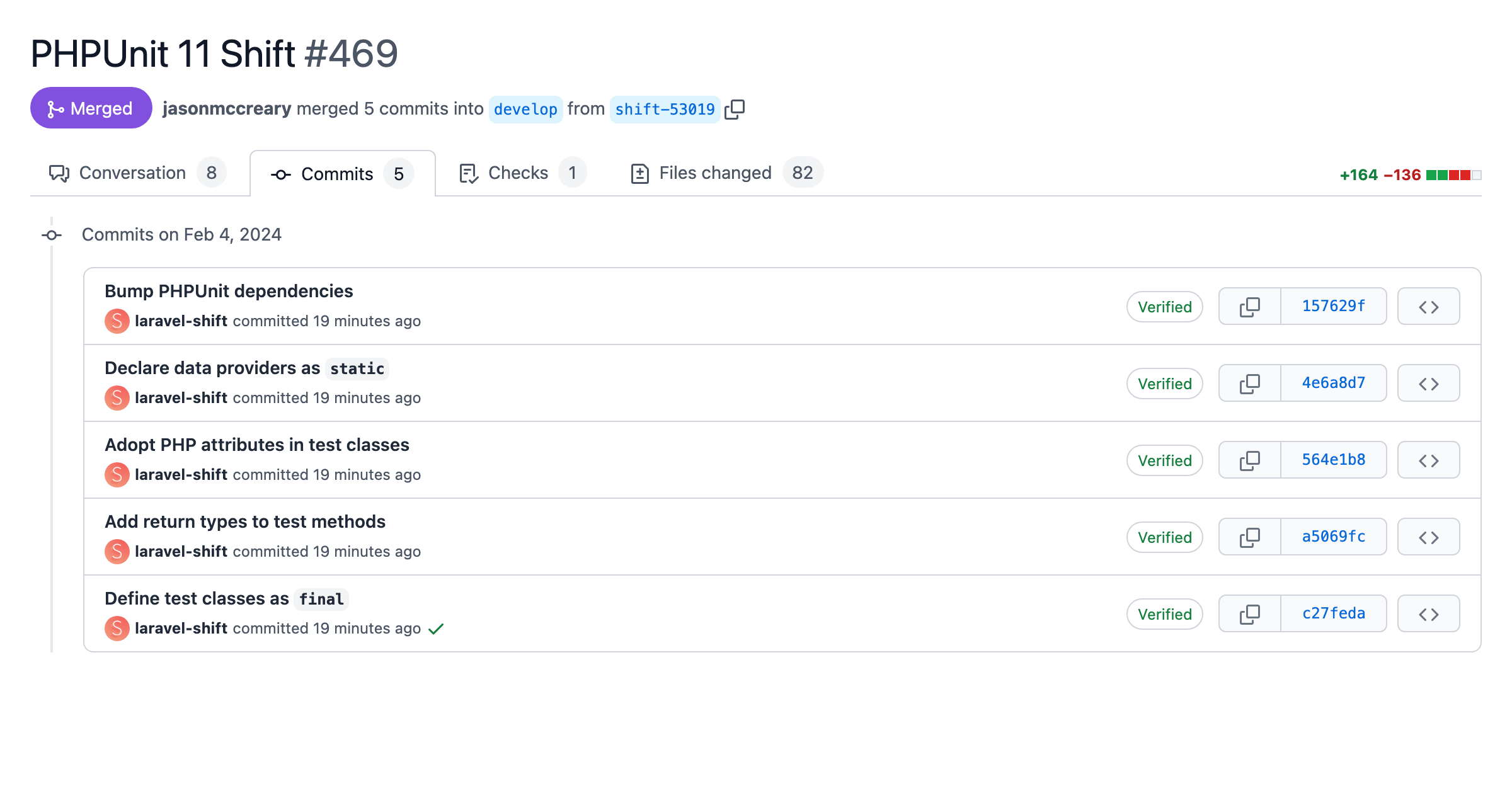 Screenshot of a pull request with automated changes from the PHPUnit 11 Shift