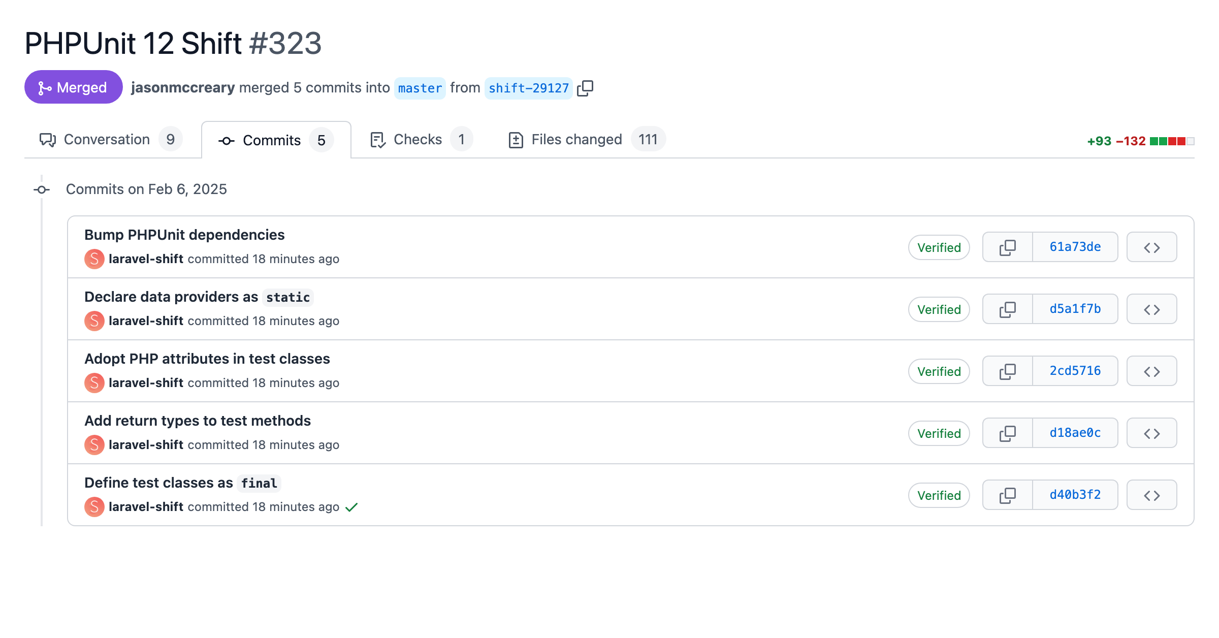 Screenshot of a pull request with automated changes from the PHPUnit 12 Shift