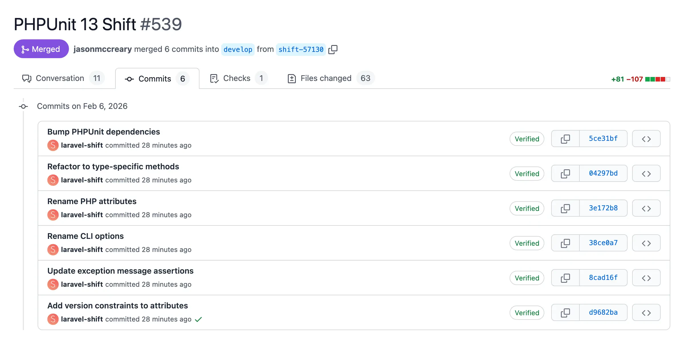 Screenshot of a pull request with automated changes from the PHPUnit 13 Shift