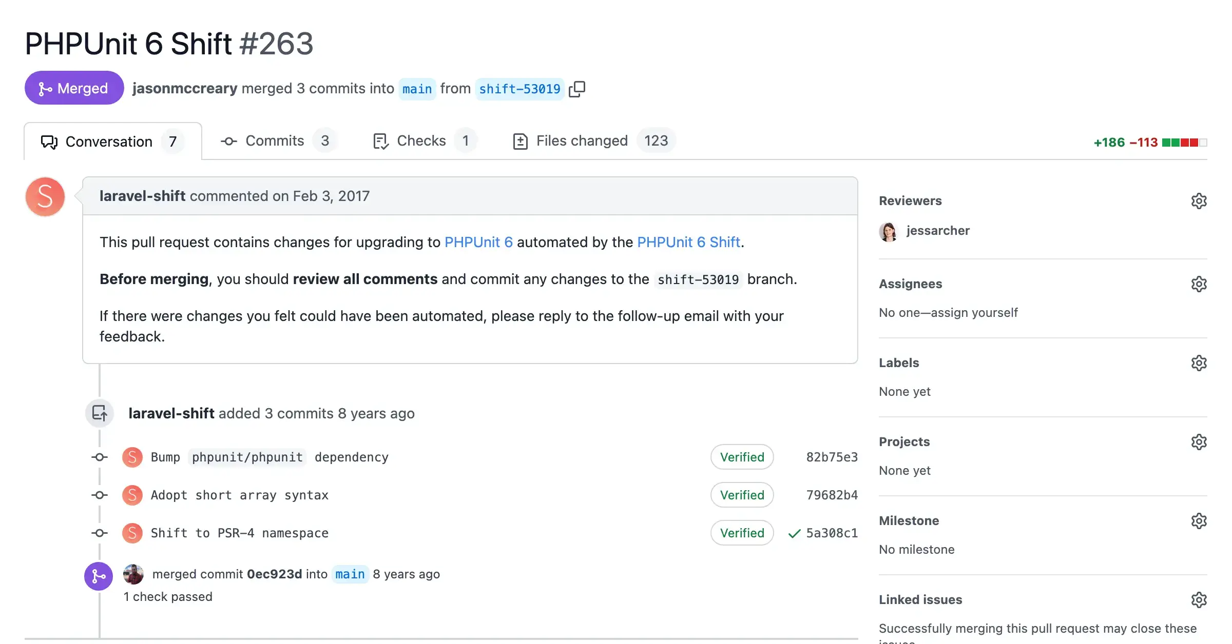 Screenshot of a pull request with automated changes from the PHPUnit 6 Shift
