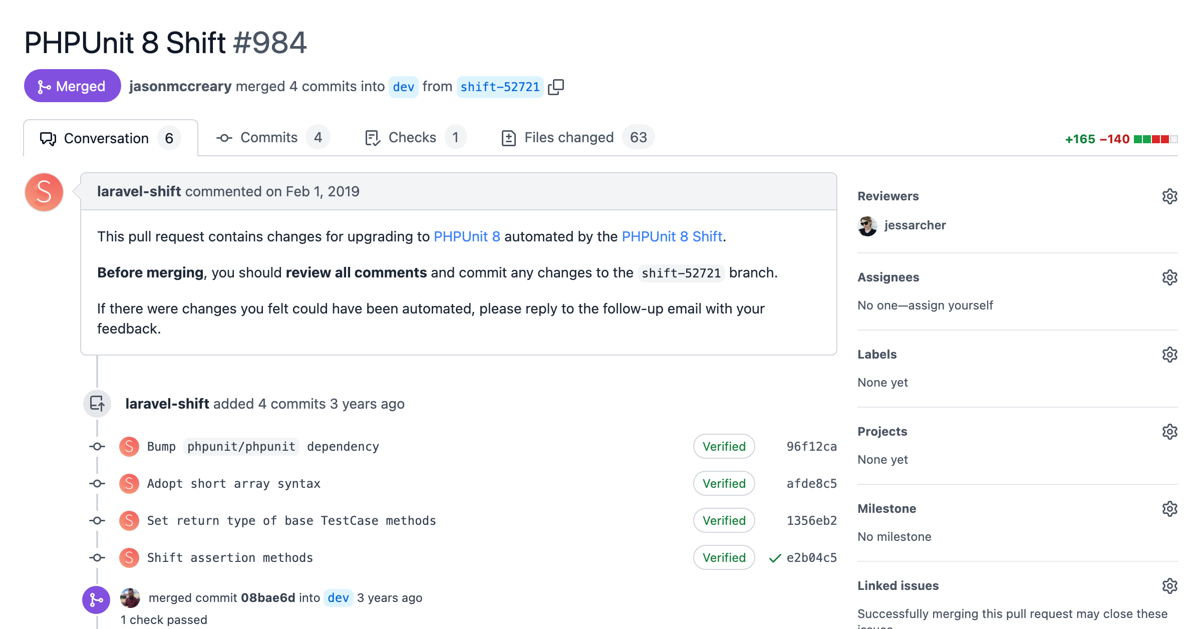 Screenshot of a pull request with automated changes from the PHPUnit 9 Shift