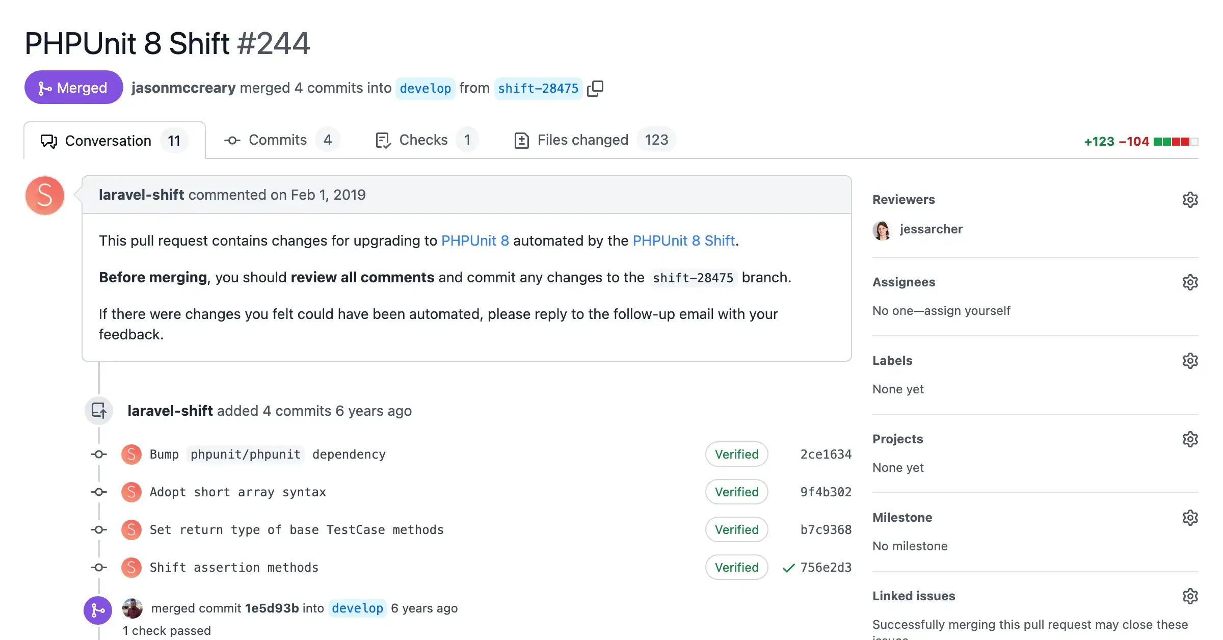 Screenshot of a pull request with automated changes from the PHPUnit 9 Shift