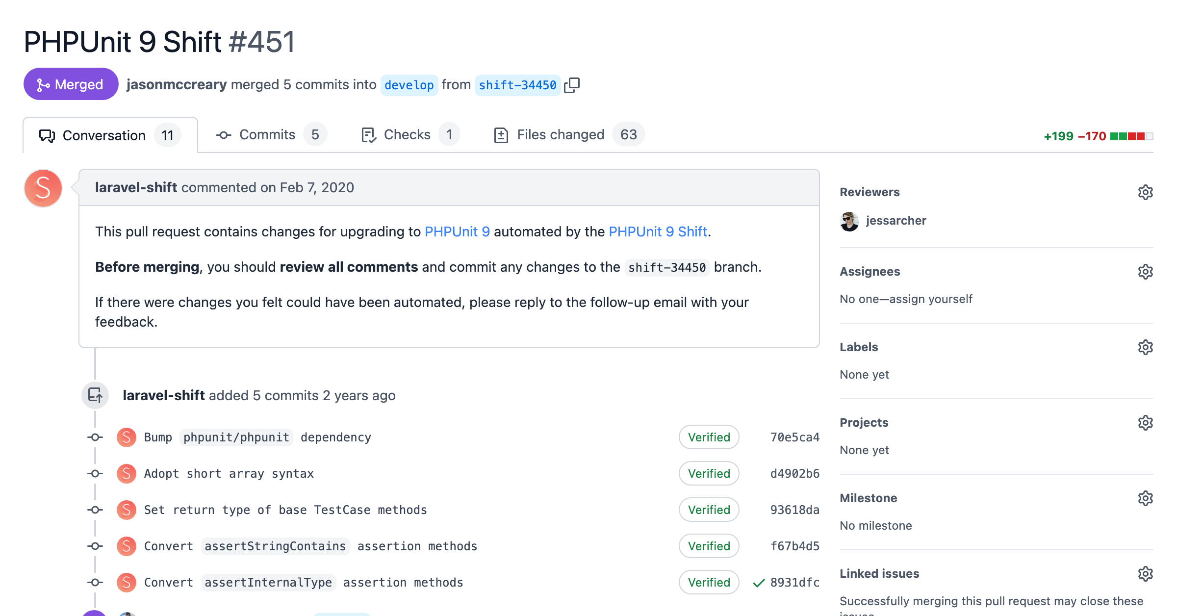 Screenshot of a pull request with automated changes from the PHPUnit 9 Shift