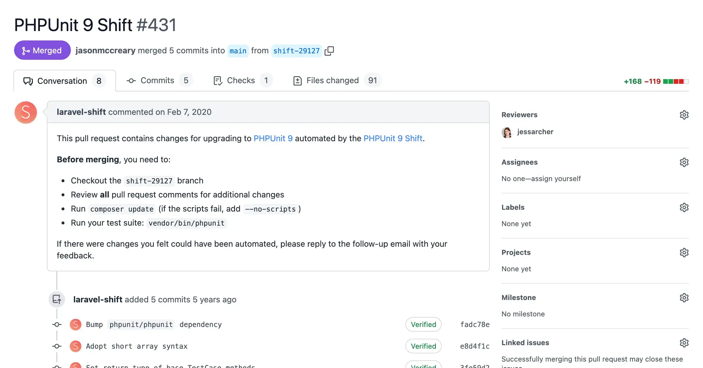Screenshot of a pull request with automated changes from the PHPUnit 9 Shift
